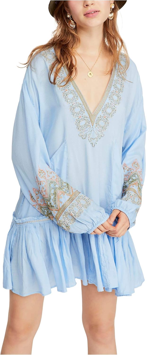 Free People Womens Wild One Embroidered V-Neck Mini Dress