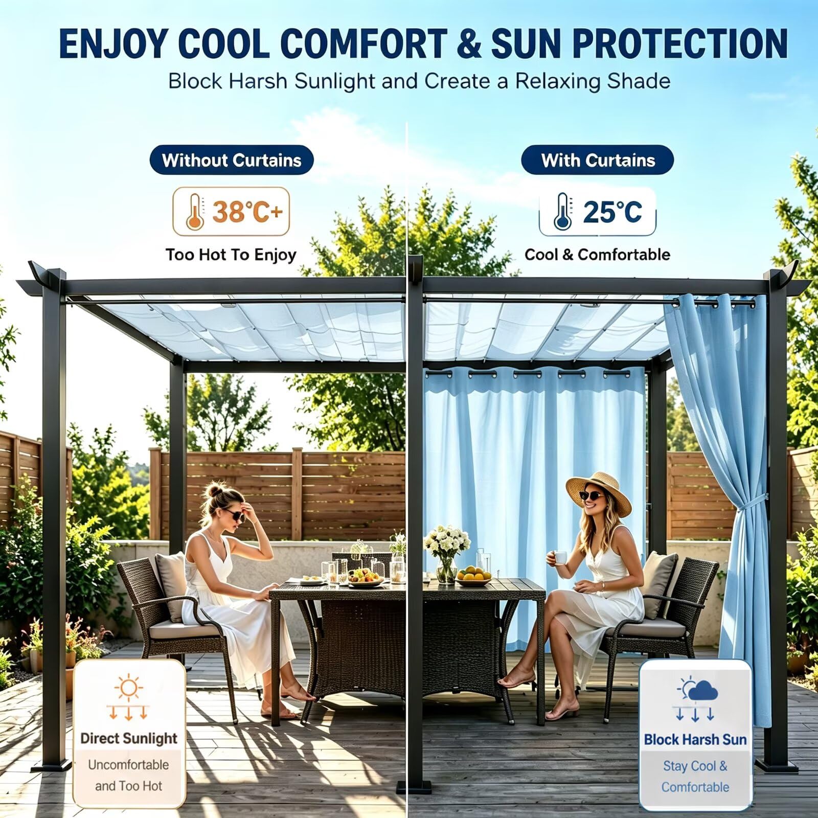 Rideaux pour pergola extérieur occultants 2 panneaux H241 x L213cm bleu