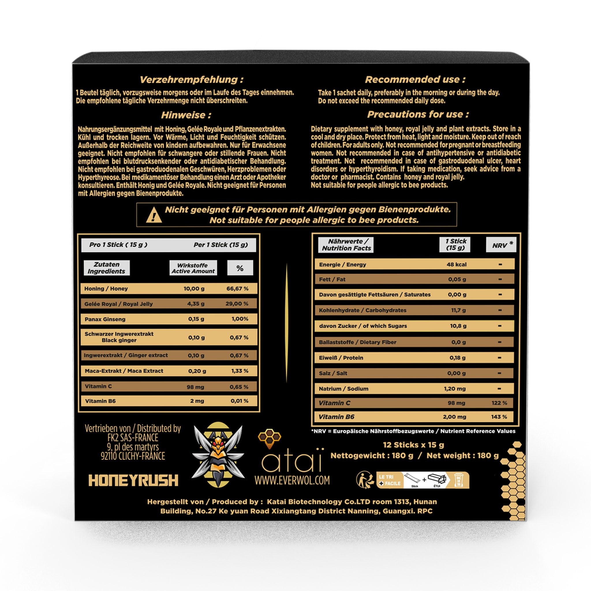 ATAÏ HONEYRUSH – Premium-Honigzubereitung für den Männ | Aphro-honeyagra| Mit Panax-Ginseng, Maca, schwarzem Ingwer & Gelée Royale | Vitamin C + B6 | 12 Portionssticks à 15 g