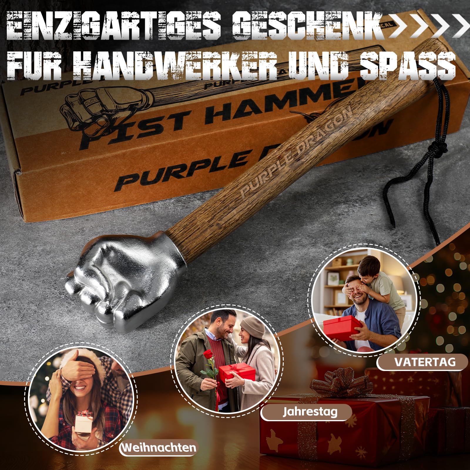 Faust Hämmer mit Holzgriff 0,9 kg - Handhammer in Faustform für DIY, Handwerk & Camping