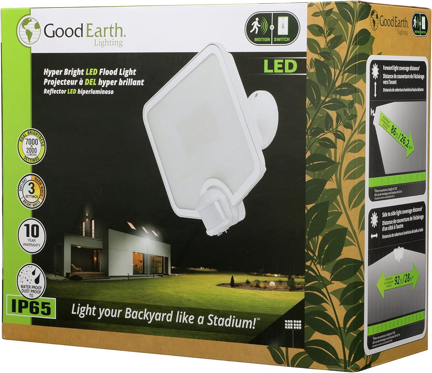 Good Earth Lighting Hyper Bright LED Motion Activated Security Flood – White, 2000 or 7000 Selectable Lumens, 3000K/4000K/5000K Color Selectable Temperature, IP65 Rated