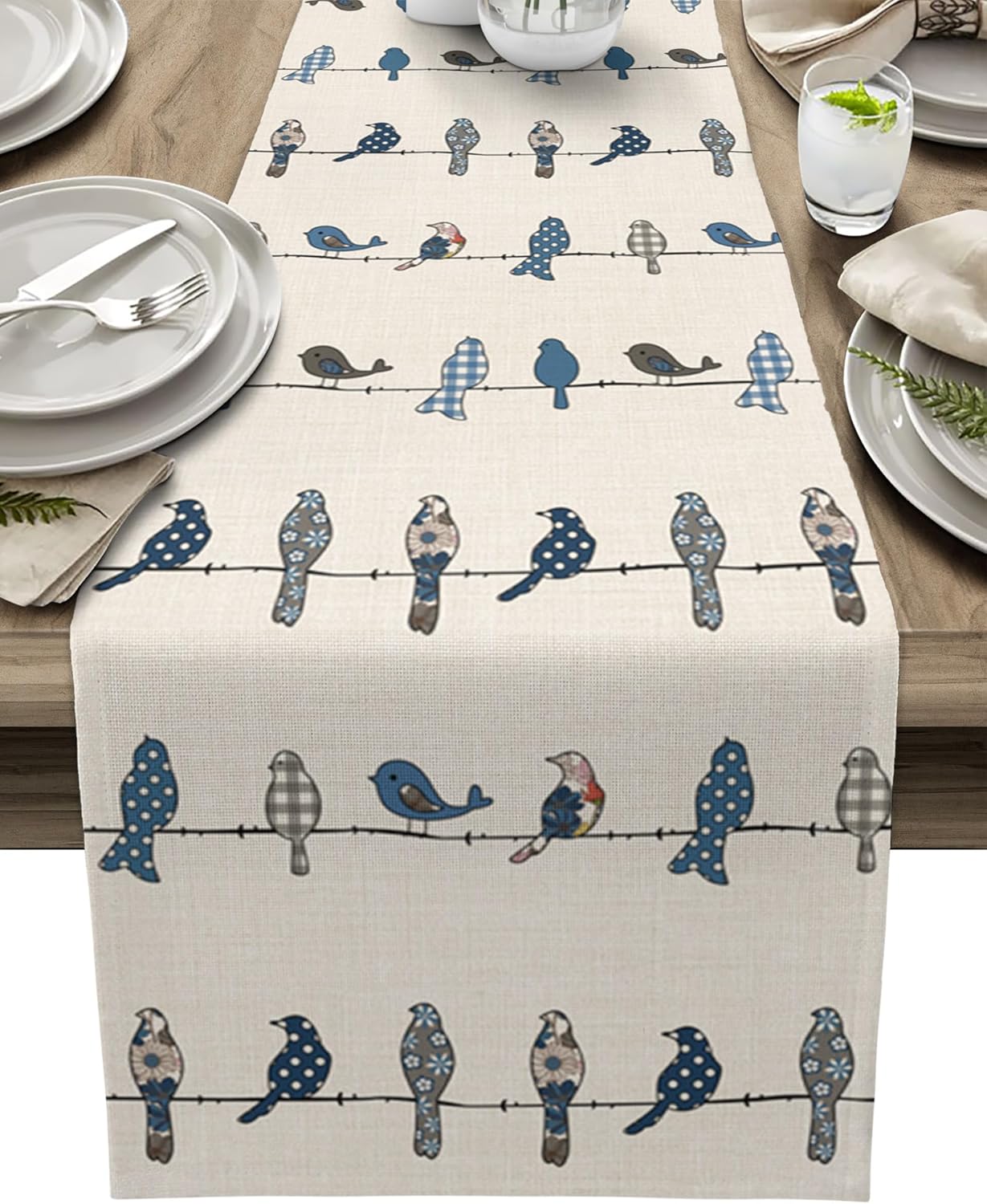Table Runner Rowley Birds Floral Pattern Table Runners Buffalo Plaid Blue White Table Cloth Kitchen Dining Table Decorations for Home Party Decor, 13x120 inch