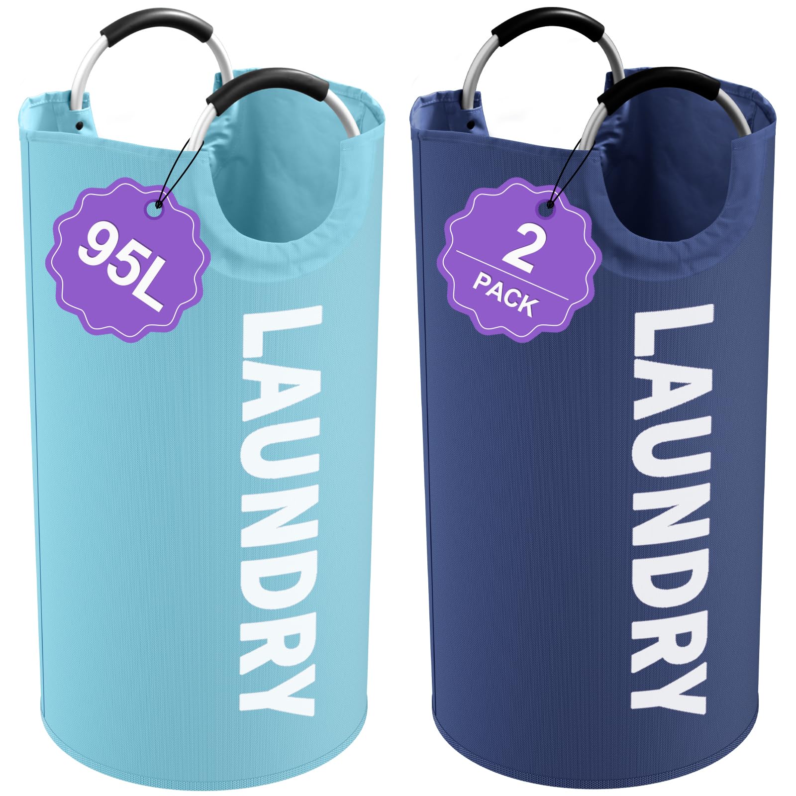 2Pcs 95L Large Clothes Hampers, Foldable Laundry Basket with Handles | IHOMAGIC Tall Laundry Bin, Water-Resistant Dirty Clothes Hamper, Portable Storage Basket for Family, Apartment,Blue+Navy Blue