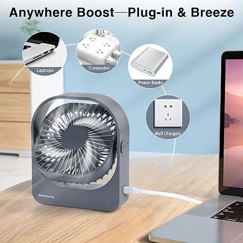 Miniatura 5 de Ventilador silencioso de escritorio inalámbrico, rotación de 360, 3 ajustes de velocidad, ultra silencioso, de larga duración, ventilador de