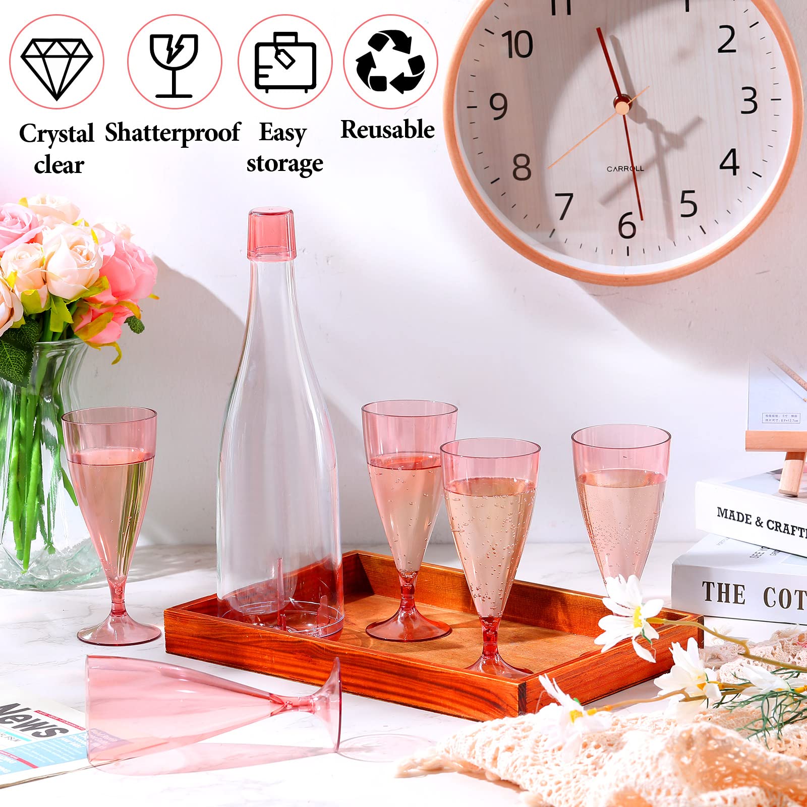 Lot 30 Flûtes à Champagne Plastique Réutilisables 150ml Or Rose Pailletées - Mariage Fête