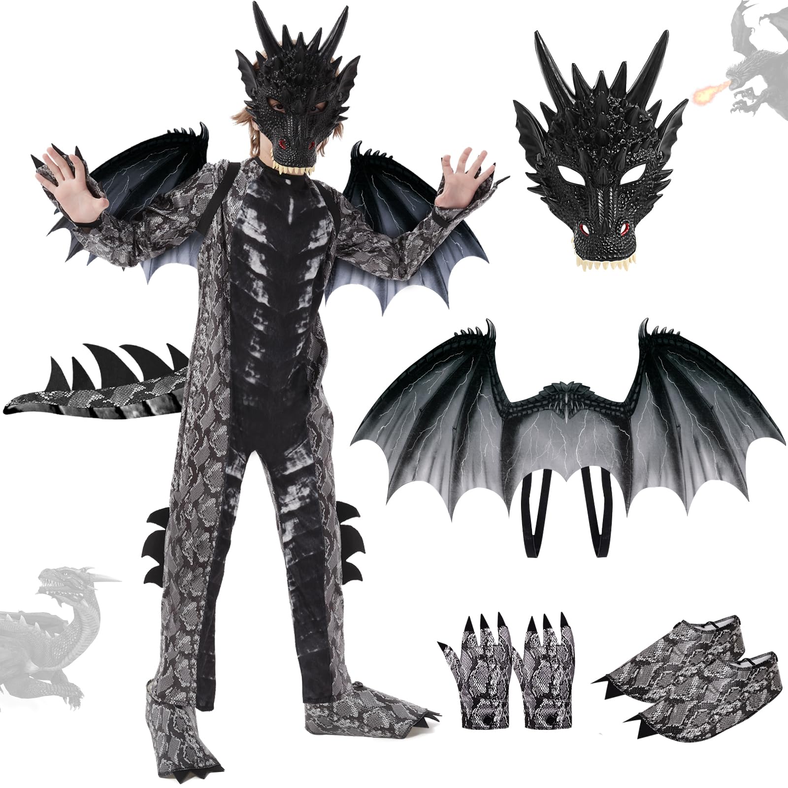 Ulikey Costume da Drago Bambino, Costume Carnevale Ragazzi, con Ali di Drago, Maschera da Drago, Dinosauri per Bambini Blu Rosso, Drago Tute per Bambini Carnevale Halloween Feste Cosplay