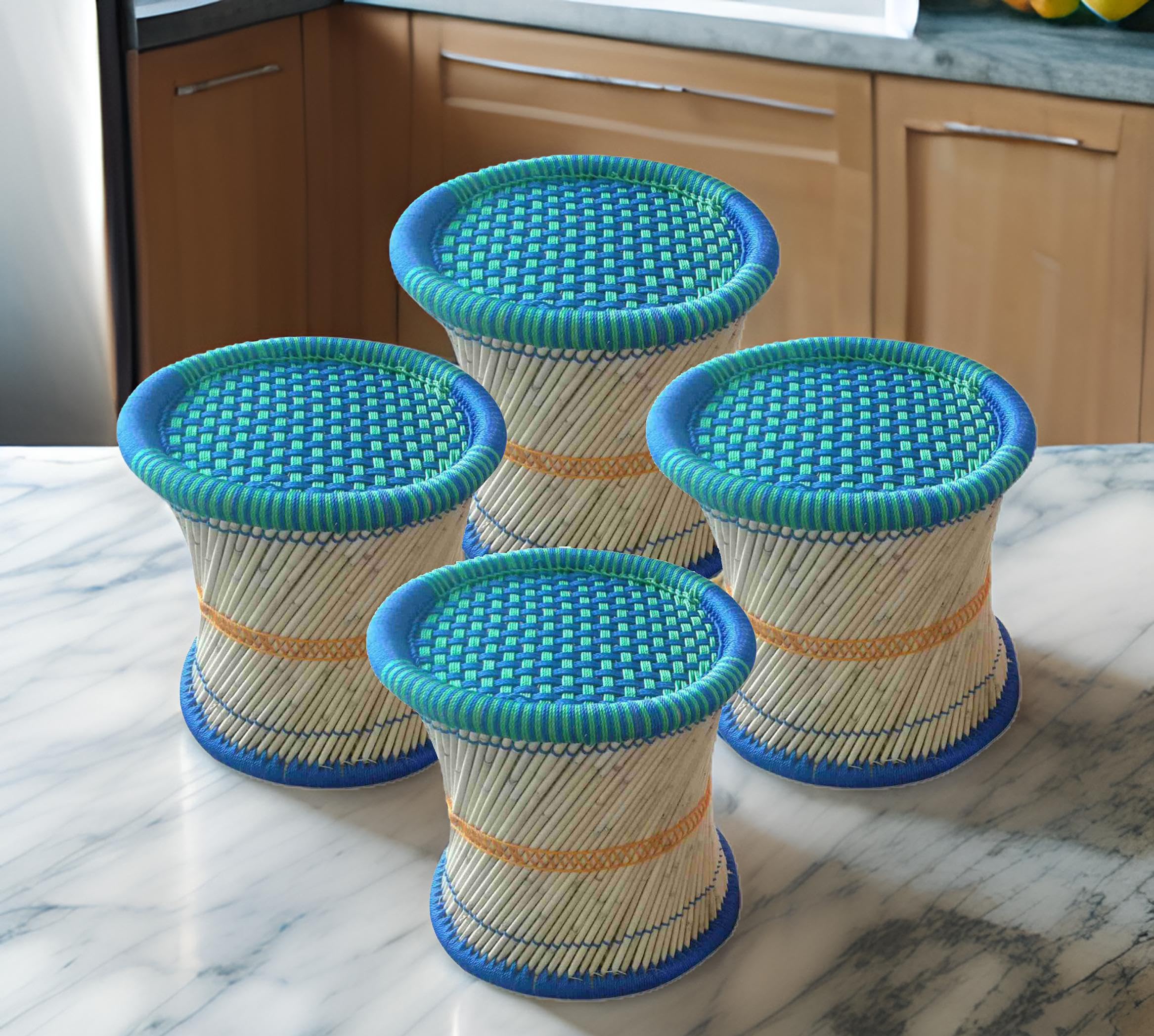 Rajasthani Handmade Bamboo Chairs for Living Room & Outdoor - Set of 4 Round Bamboo Stools for Garden, Bay Window, and Balcony 15x15 Inch (Green Blue)-image-6