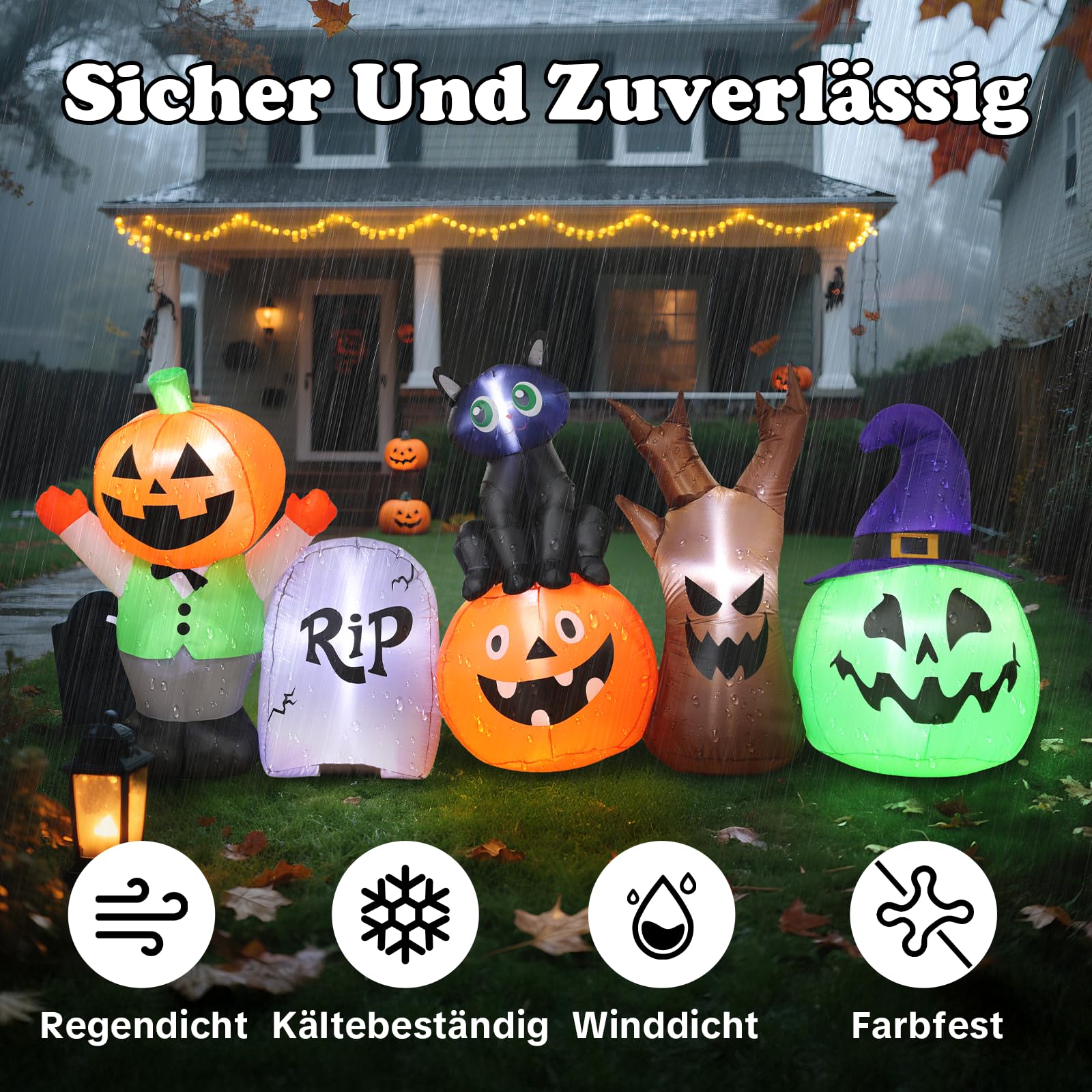 250CM Lange Halloween Aufblasbare Dekoration mit Integrierten LED, Schwarz Katze Grabstein Kürbis Deko Aufblasbare Gartendekoration Halloween Decoration für Outdoor Rasen Garten Veranda Party