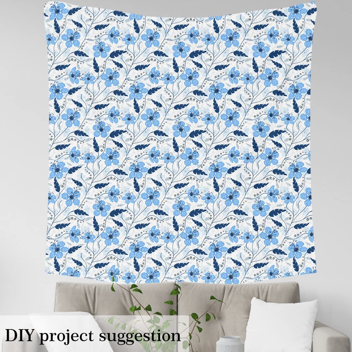Loussiesd Tessuto floreale retrò al metro, tessuto vintage per tappezzeria con foglie, rami, per sedie, tessuto naturale tradizionale per progetti fai da te, 920 x 150 cm, blu