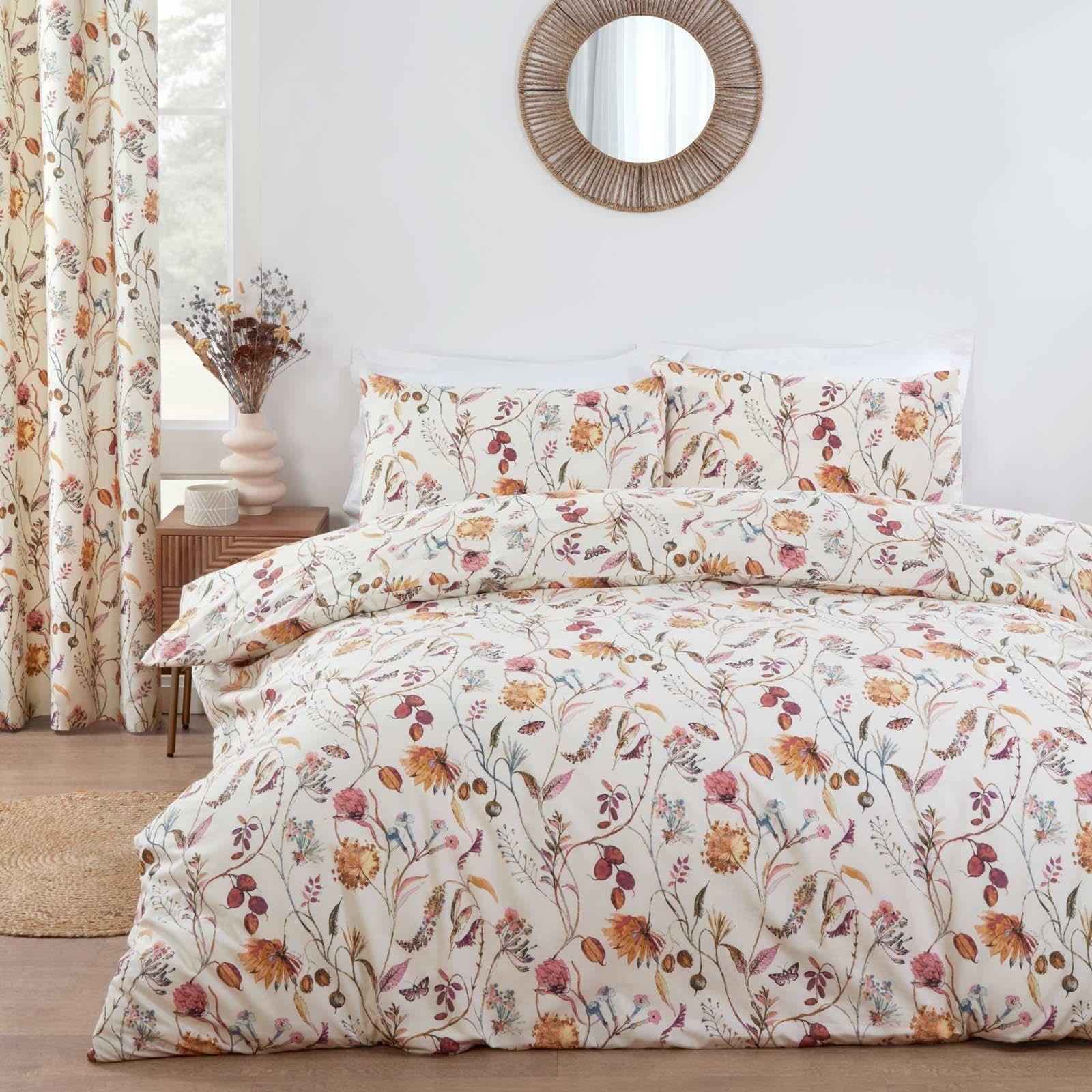 Prestigious Textiles Sundour Grove Stunning Floral & Butterfly Grove Design Duvet Cover Set in Multi Colour on a Natural Background Double Bed