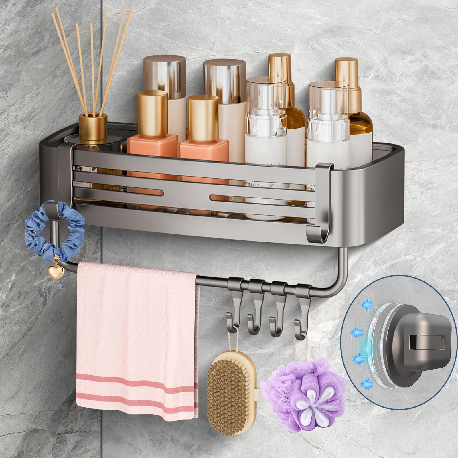 OKEJUNYE Shower Caddy Suction Cup, No Drilling Removable Shower Shelf with Towel Bar & Portable Hooks, Aluminum Rustproof Bath Corner Shower Rack