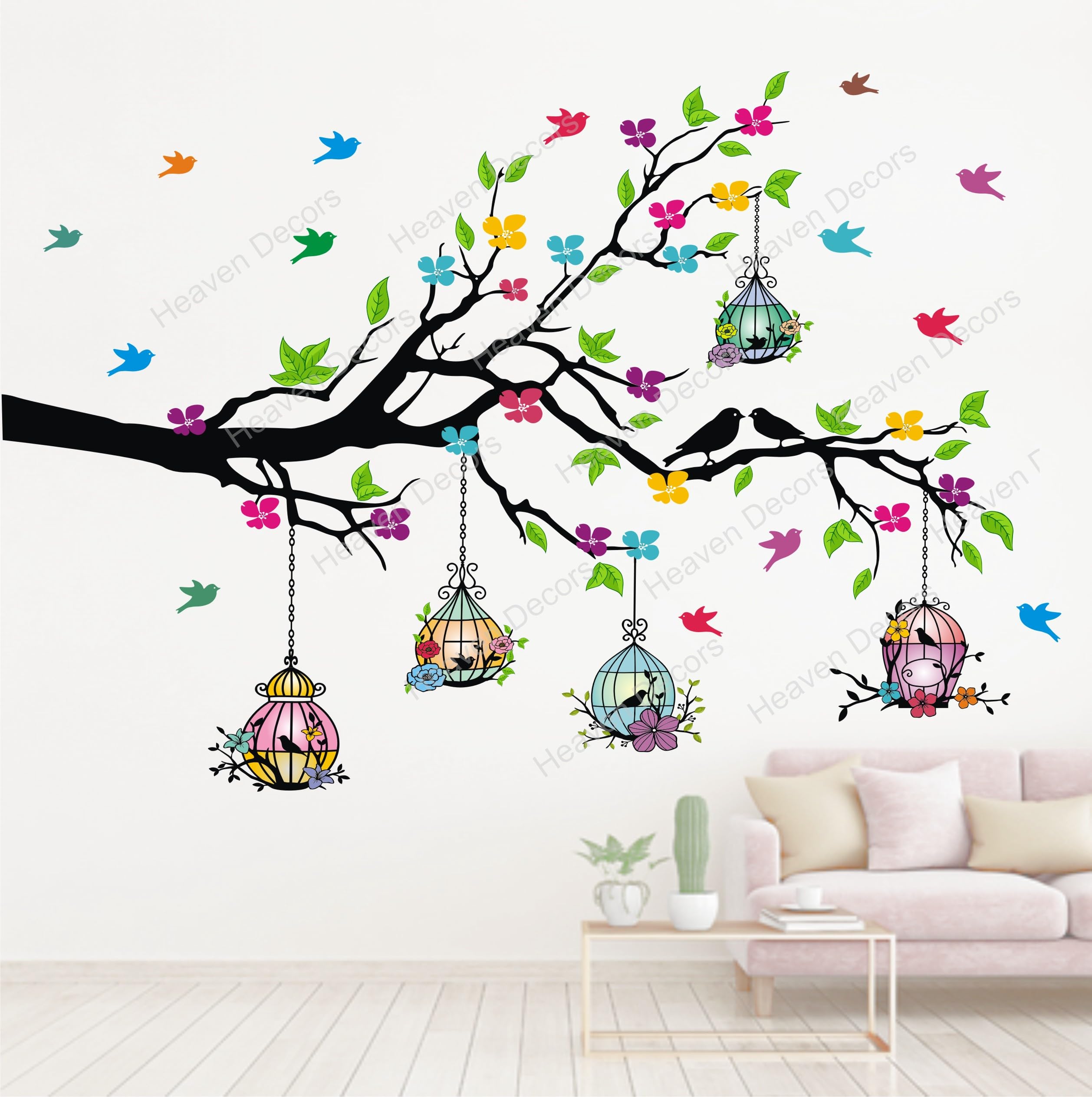 Heaven Decors Vinyl Self-Adhesive Natural Tree with Birdcage & Birds Flying Wall Sticker(Ideal Size on Wall: 127cmsx80cms),Multicolour