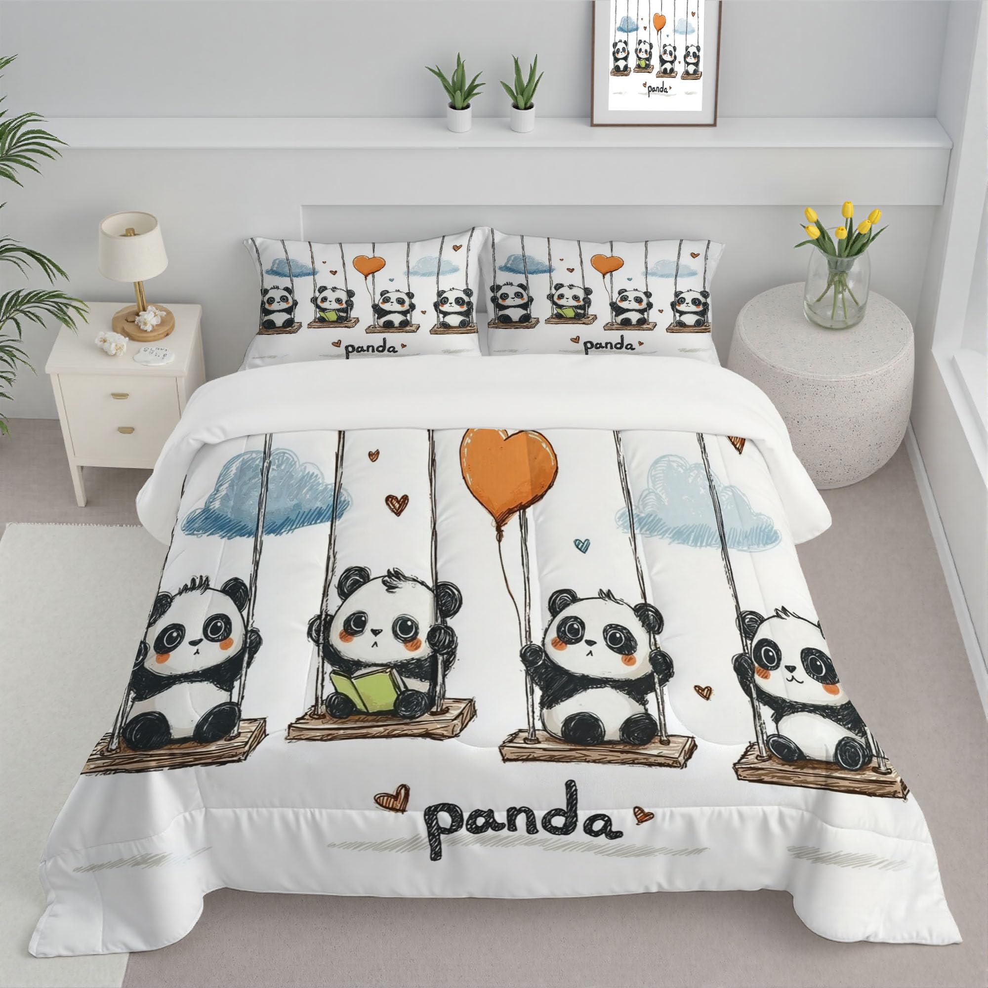 Edredon Cama 135/150 Panda Dibujos Animados Estampado Infantil, Edredón Nórdico 4 Estaciones 240x220cm, Colcha Transpirable De Microfibra Lavable Acuarela Animales, 2 Fundas De Almohada