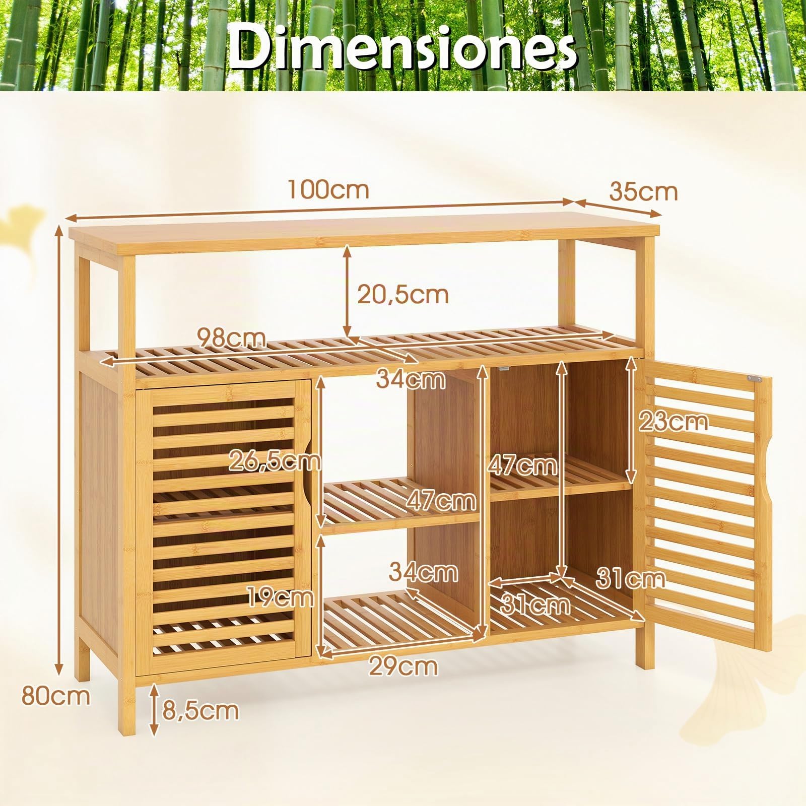 COSTWAY Armario y Aparador de Bambú, Aparador para Comedor con 2 Puertas y Estantes, Mueble Auxiliar de Almacenamiento para Salón Baño Cocina y Comedor, 100 x 35 x 80 cm, Natural