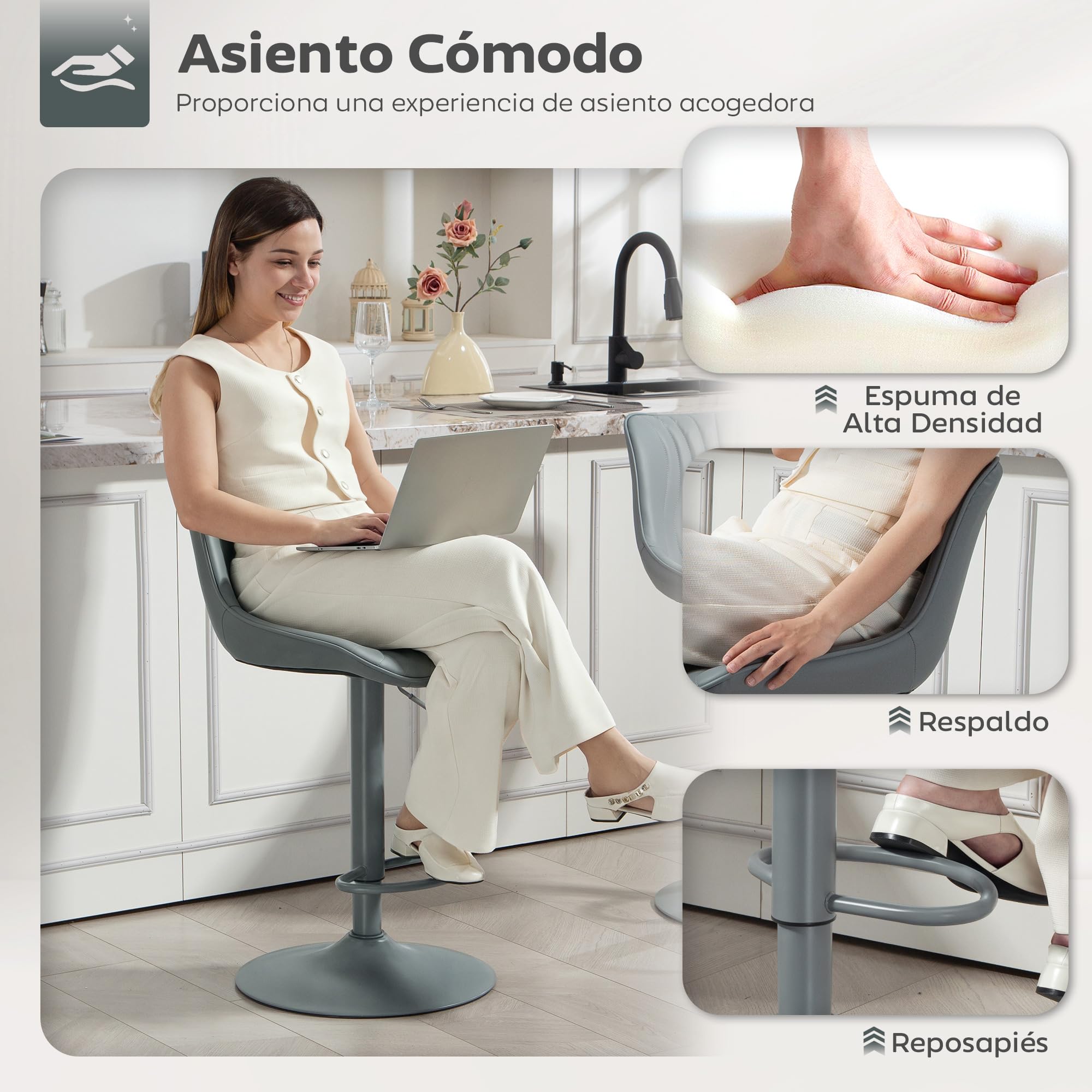 HOMCOM Juego de 2 Taburetes de Bar Taburetes Altos de Cocina Giratorios con Altura Ajustable 92-110 cm Respaldo Asiento de Piel Sintética Marco de Acero y Reposapiés para Comedor Mostrador Gris