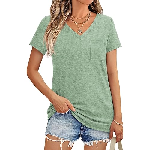 AUTOMET Womens T Shirts Short Sleeve V Neck Tops with Pockets Summer Fashion Trendy Soft Casual Comfy Outfits Clothes 2024