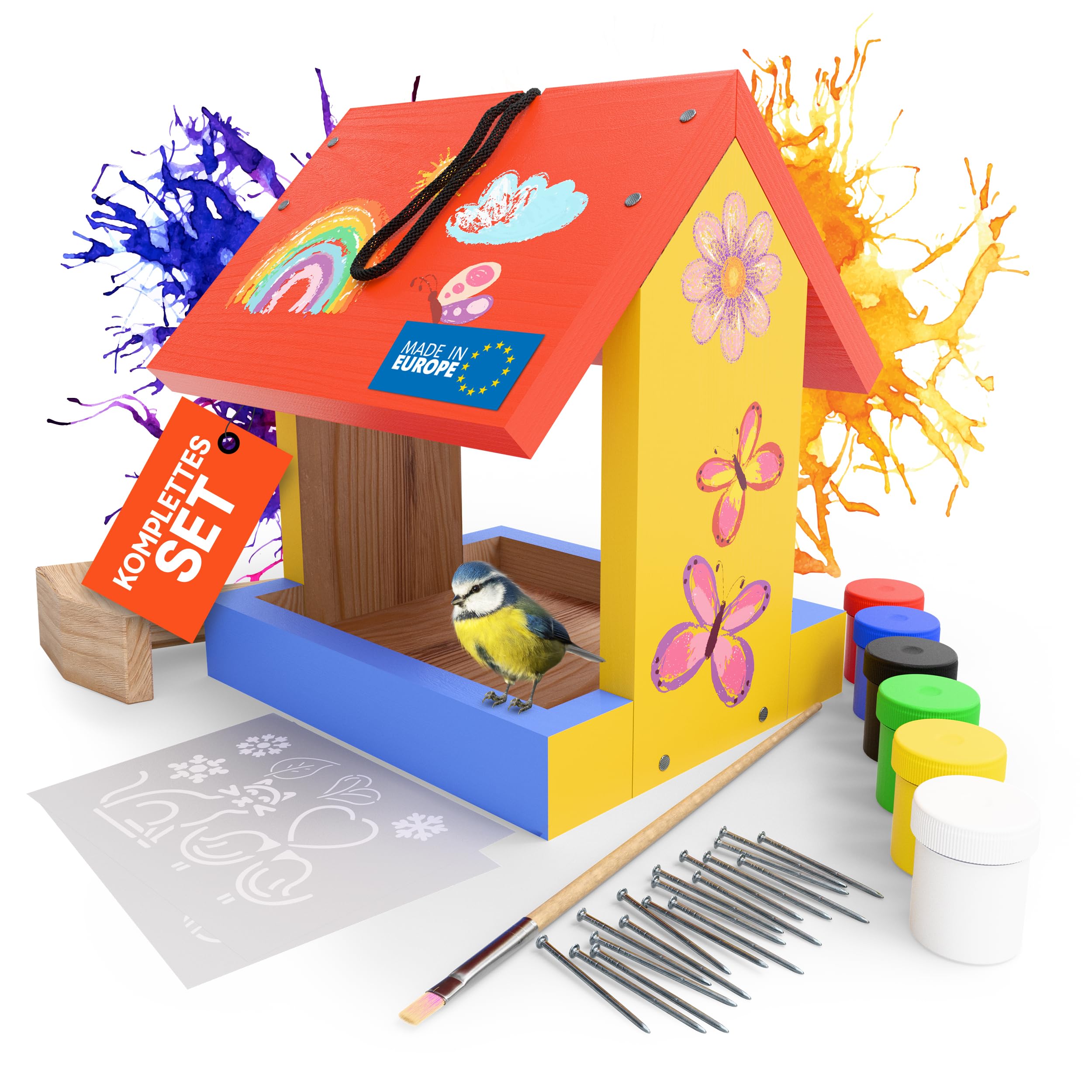 Eli® Vogelfutterhaus Bausatz für Kinder aus Kiefernholz zum bemalen inkl. 6 Farben - Pinsel - Hammer - kreative Schablonen - Vorlagen und Nägel - Nistkasten