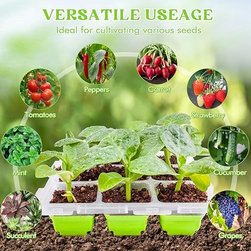 Miniatura 6 de Bandeja de inicio de semillas reutilizable, paquete de 2 bandejas de cultivo con agujeros de drenaje y 9 celdas flexibles emergentes, suministros de