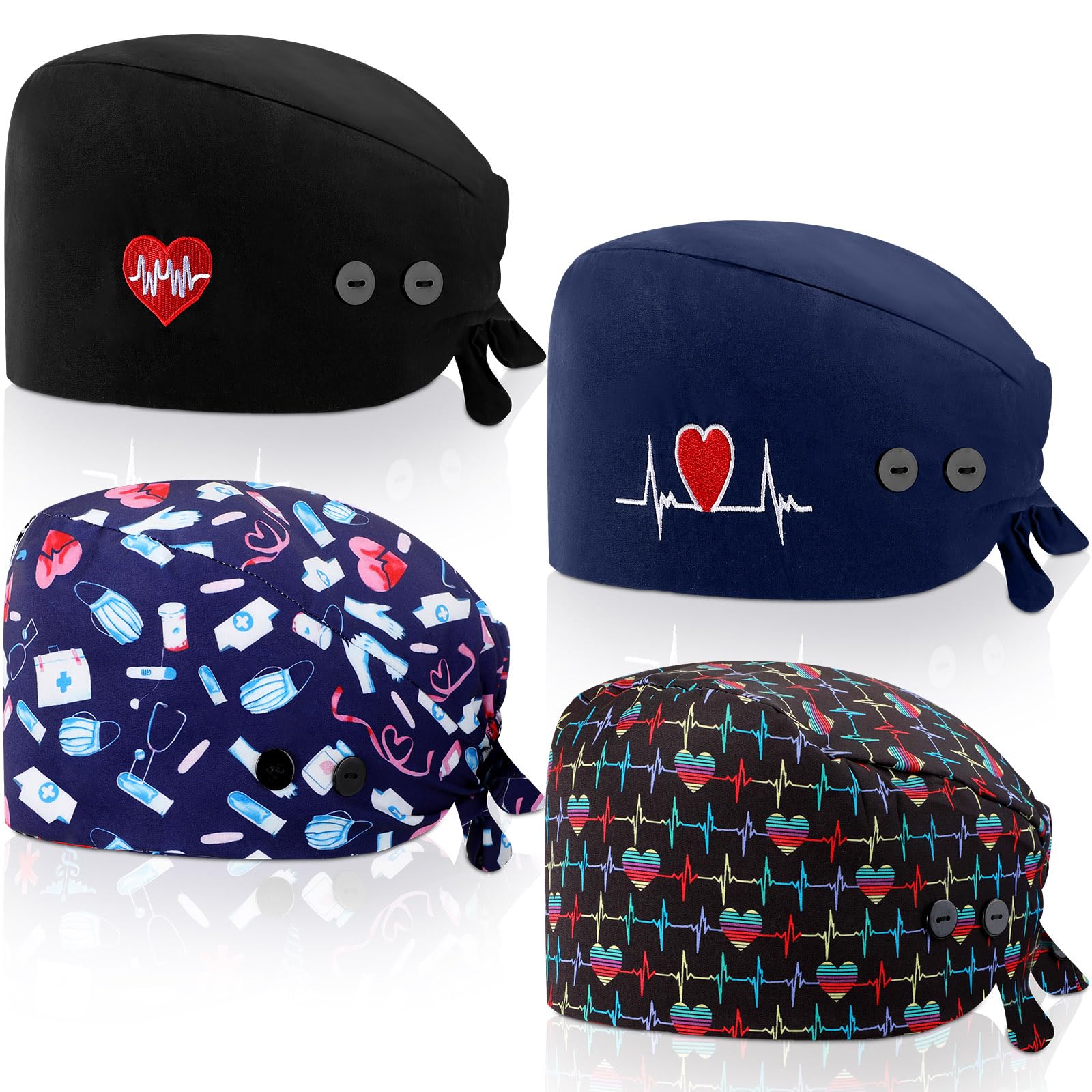 Unittype 4 Pcs Nurse Caps for Women Nursing Working Caps with Button and Sweatband Adjustable Elastic Scrub Hats for Dentist