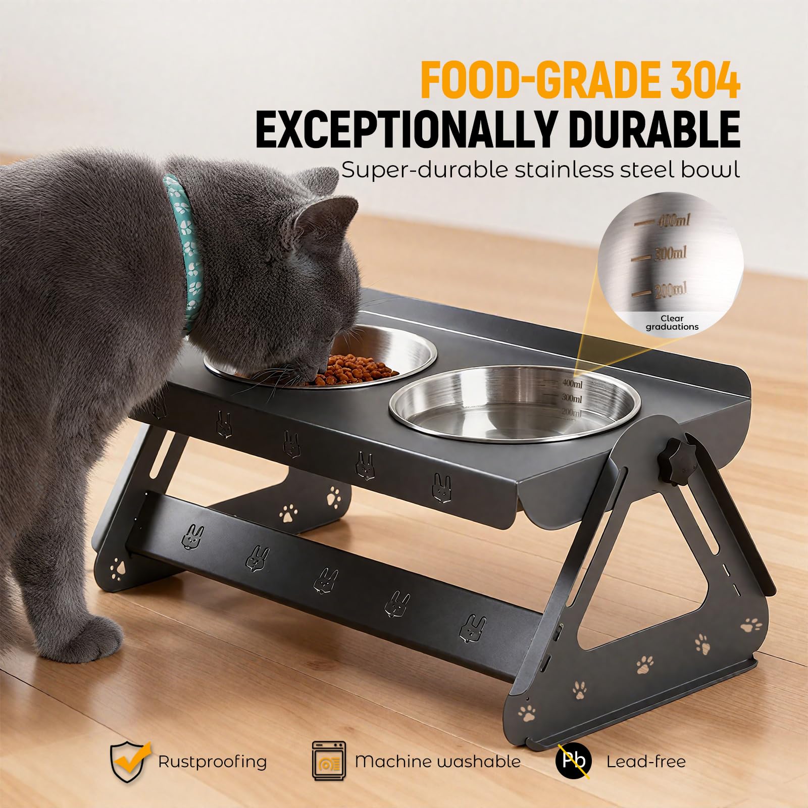 Comedero Gato Elevado,Comedero para Gatos Acero Inoxidable,Cuencos para Gatos Ángulo Ajustable de 0 a 15 Grados,Altura Ajustable de 8,5 a 16 cm,Apto para Gato y Perros Pequeños