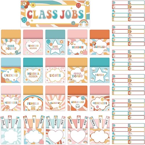 ZOiiWA Juego de 81 tablones de anuncios Groovy Class Jobs con temática hippie para trabajos en el aula, juego de gráficos de bolsillo para ayudante