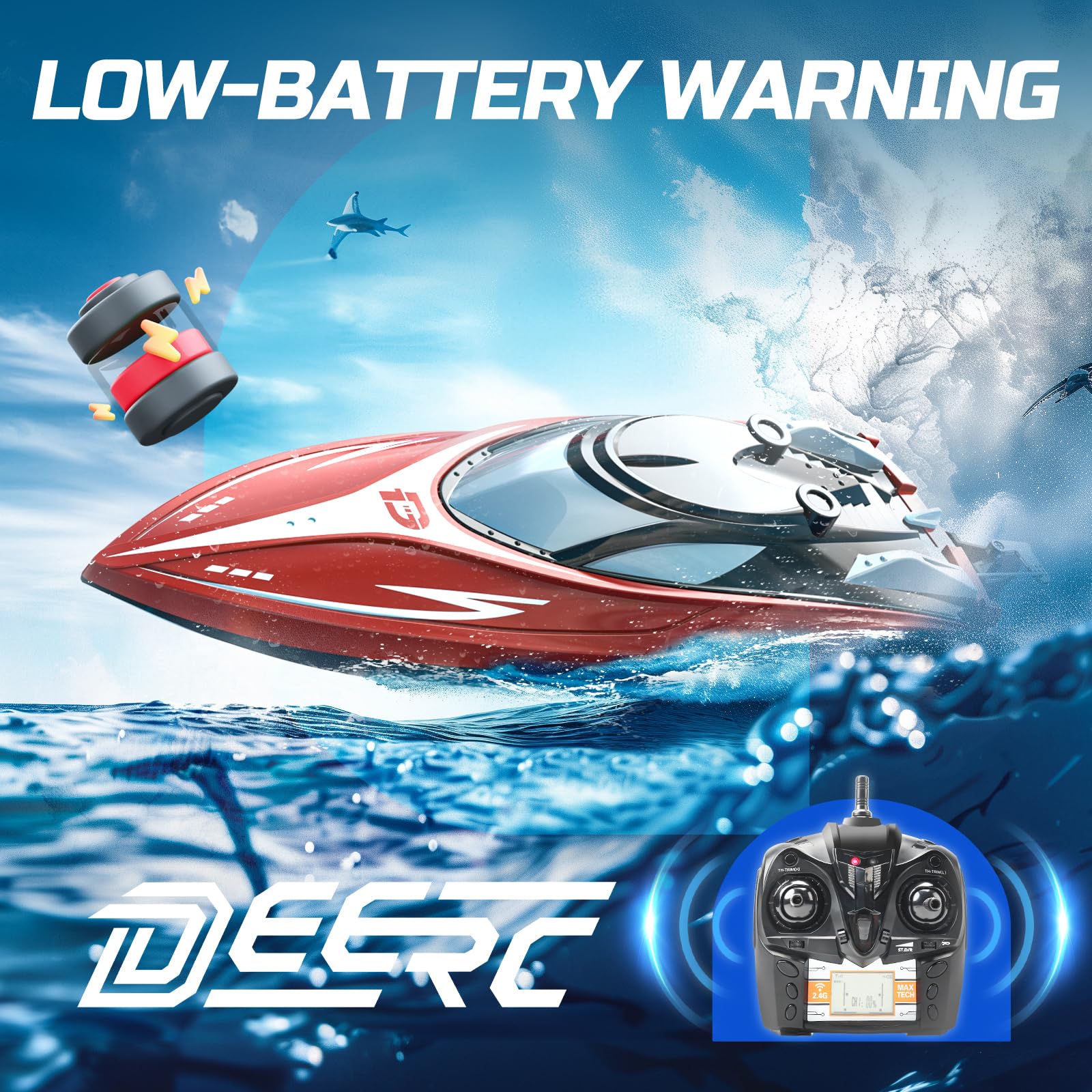 DEERC Szybka łódź RC H120 do basenów i jezior, 2,4 GHz 20+ MPH łódź wyścigowa dla dzieci i dorosłych z akumulatorem, alarm niskiego poziomu baterii, regeneracja wywrotka, prezenty dla chłopców i