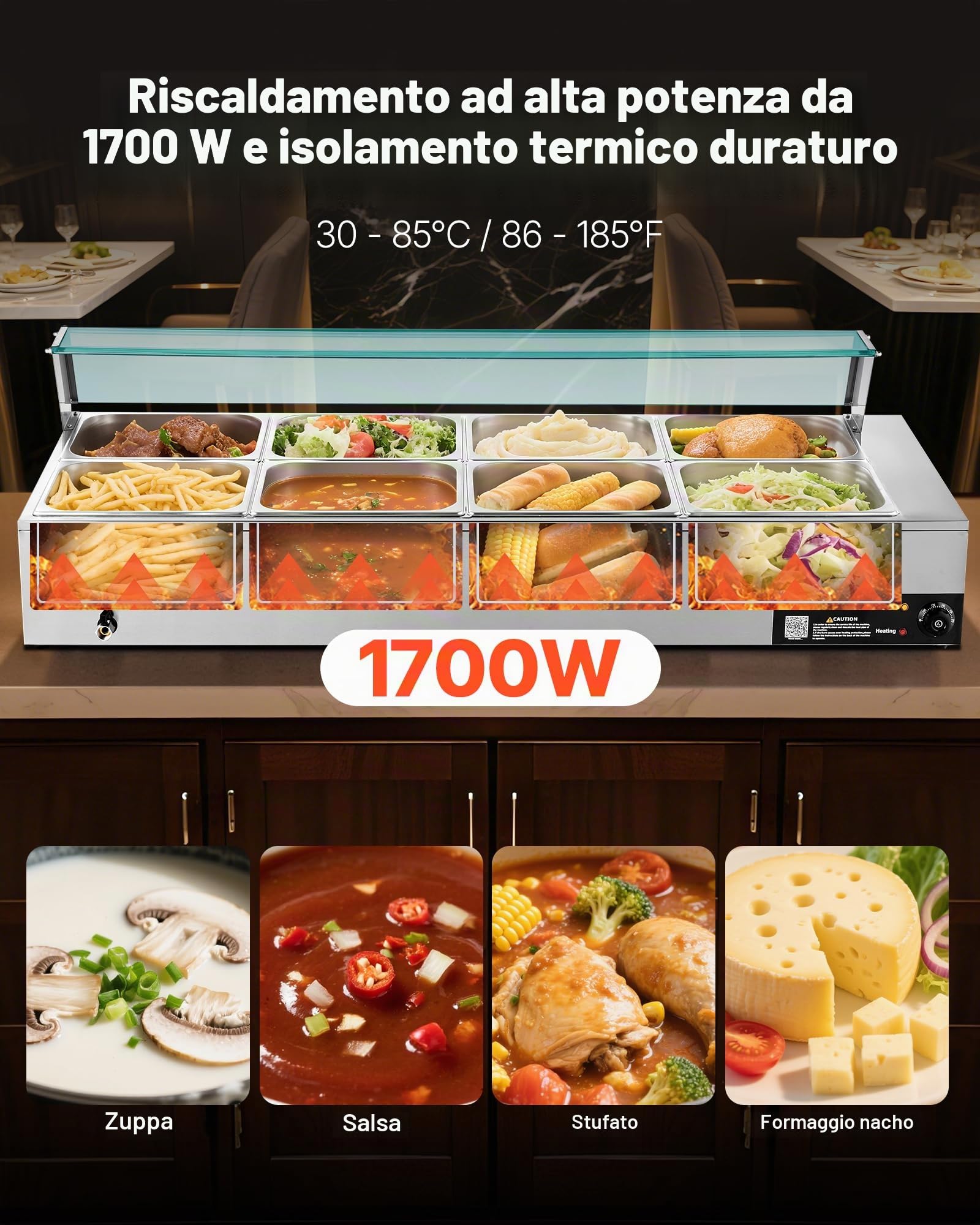 VEVOR Scaldavivande Commerciale, Scaldavivande Elettrico in Acciaio Inox da 1700 W con Coperchio in Vetro, Bagnomaria da Banco a 8 Teglie, con Mestoli per Zuppa e Forati, per Ristoranti