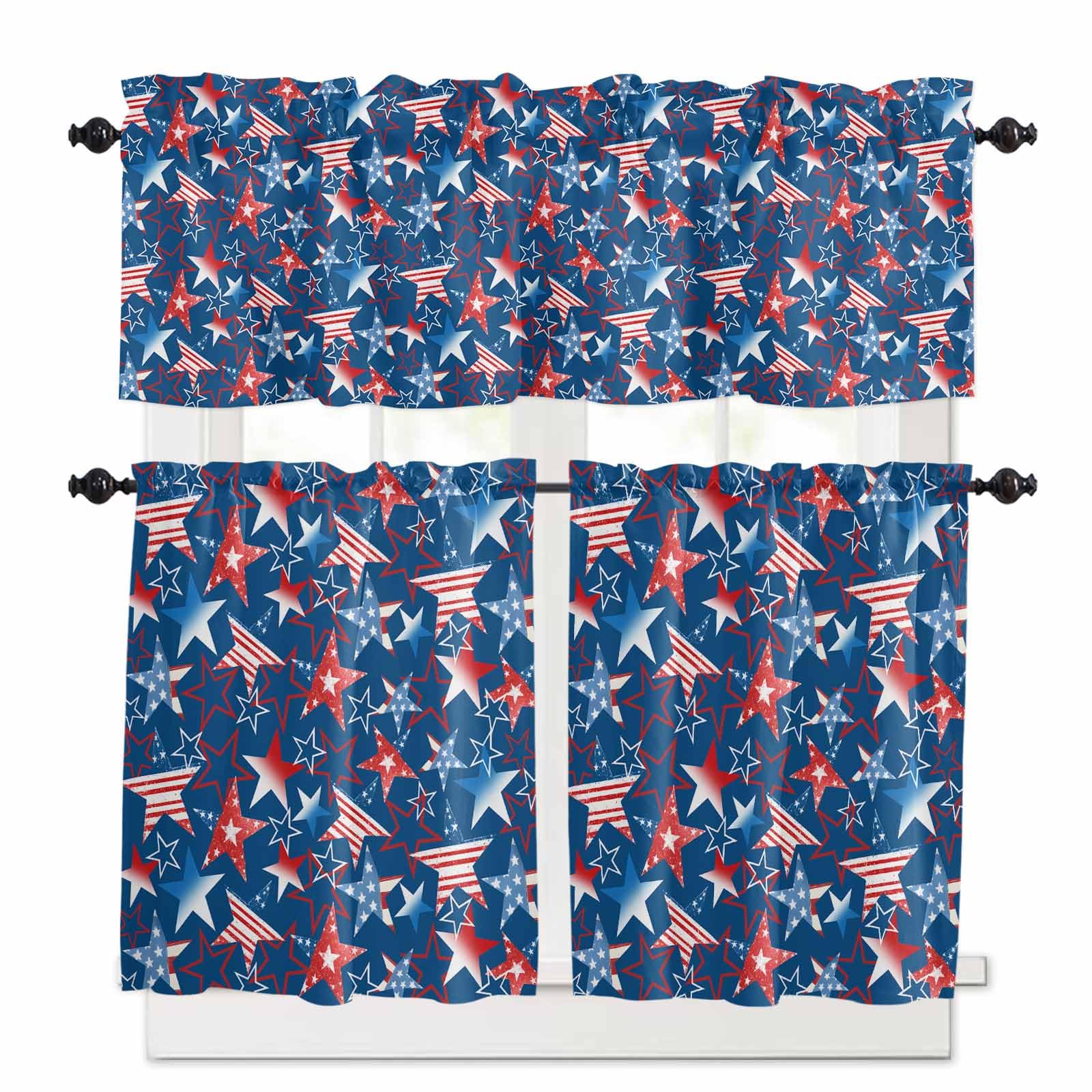 4th of July Kitchen Curtains 36 Inch Length,3 Piece Rod Pocket Small Half Tiers and Valance Set,Navy Blue Red Stars Independence Day Abstract Small Large Window Treatment Decor for Bedroom/Bathroom