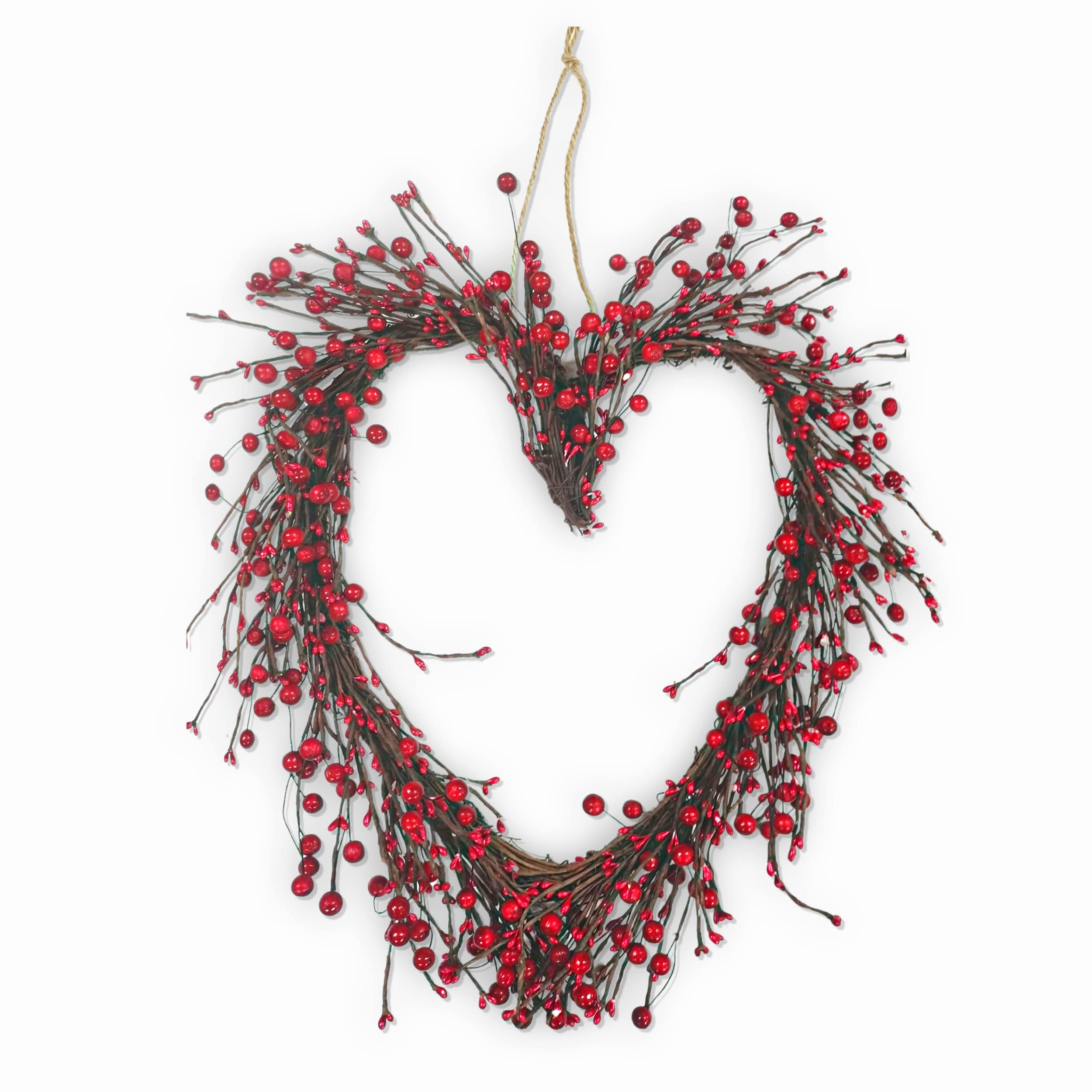 4E's Novelty Valentines Day Wreath - 15" Heart Grapevine Wreath with Red Berries for Valentines Day Indoor Outdoor Decorations
