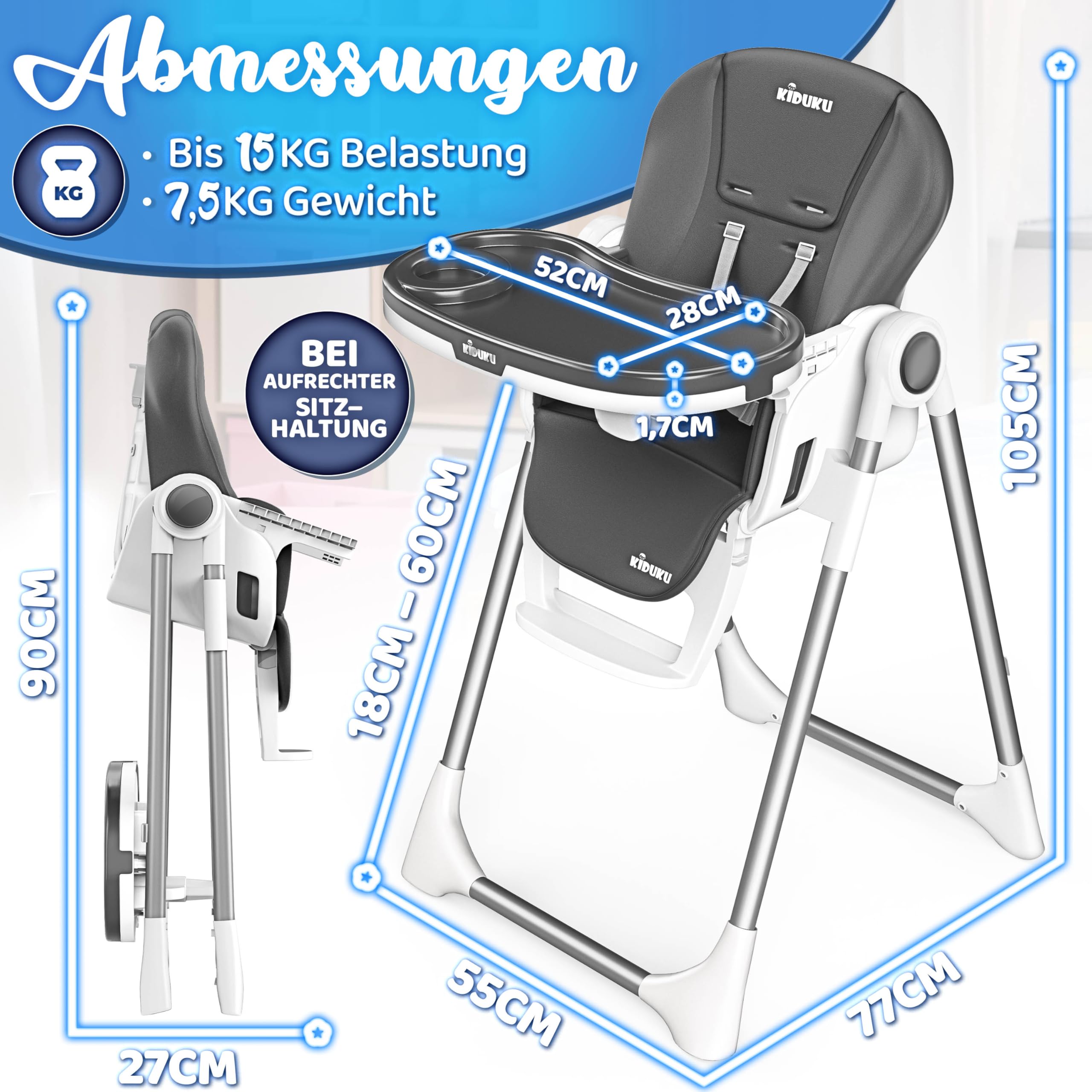 KIDUKU® Hochstuhl Baby 3in1 mit Neugeborenenaufsatz + Lätzchen, Aktivitätsbogen & Tisch | Kinderhochstuhl klappbar mit Liegefunktion | Kombihochstuhl höhenverstellbar | mitwachsend 0-36 Monate