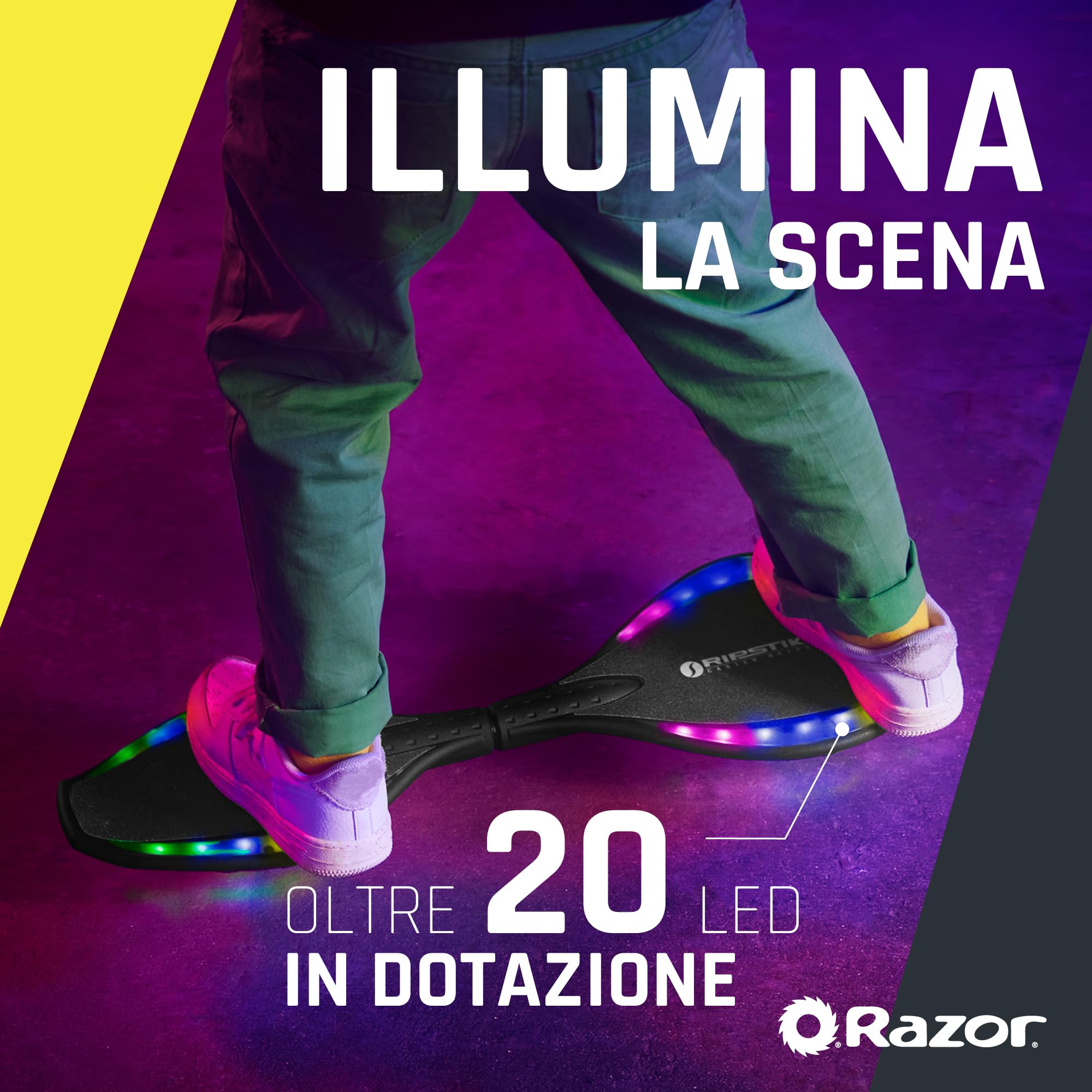 Razor Ripster Lightshow Waveboard - Tavola a Rotelle per Bambini Dagli 8 anni in su con Sterzo a 360°, Ponte Luminoso Attivato dal Movimento, 5 Modalità di Luce, Antiscivolo - Nero