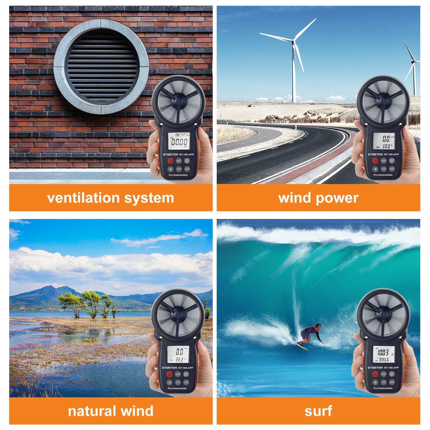 BTMETER Cyfrowy anemometr prędkości wiatru, ręczny, bezprzewodowy anemometr łopatkowy Bluetooth do pomiaru chłodu wiatru, prędkości, pomiaru temperatury BT-100APP