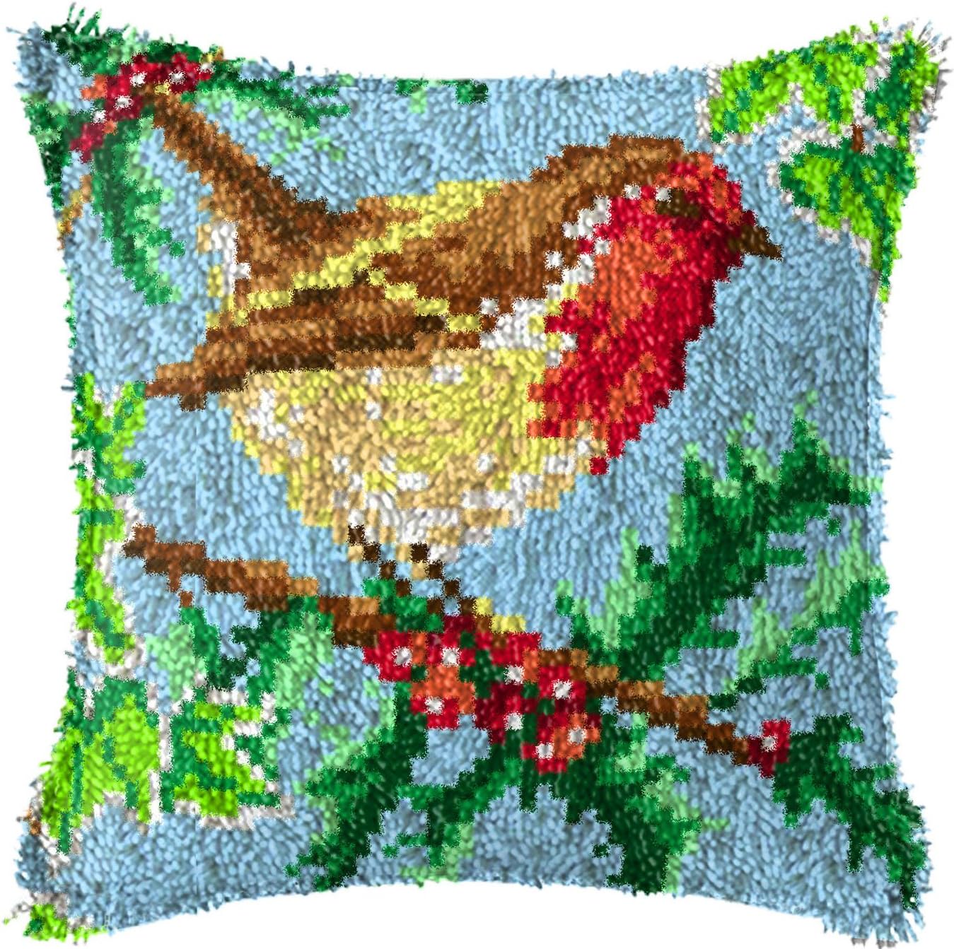 Latch Hook Complete Cushion Cover Kit"Robin on Holly Branch" 43x43cm