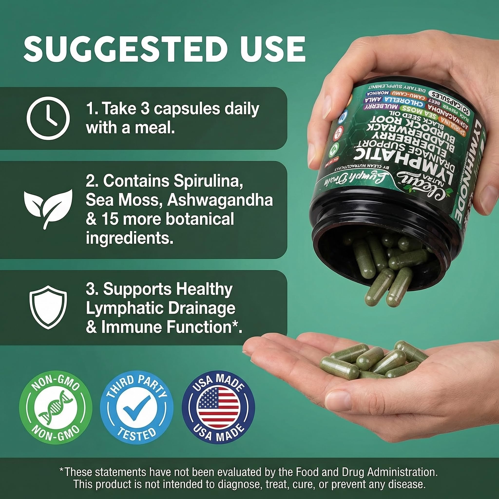 Organic Lymphatic Drainage Supplements | Elderberry Bladderwrack Burdock Root Black Seed Oil Spirulina Sea Moss Ashwagandha Chlorella Amla Beet Moringa Chlorophyll Lymph System Capsules By Clean Nutra — Amazon image 6