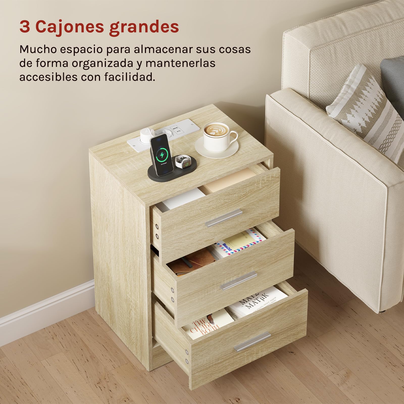 WOLTU Mesitas de Noche, Mesas de Centro con Enchufes, Mesitas de 3 Cajones, Mesillas de Noche para Dormitorio, Salón y Estudio, Roble Claro, MDF, 39x28,5x54,5 cm
