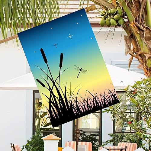 Miniatura 8 de Pickako Bandera de verano y primavera, diseño de libélula, puesta de sol nocturno, sobre el pantano, jardín, patio, 12 x 18 pulgadas, banderas