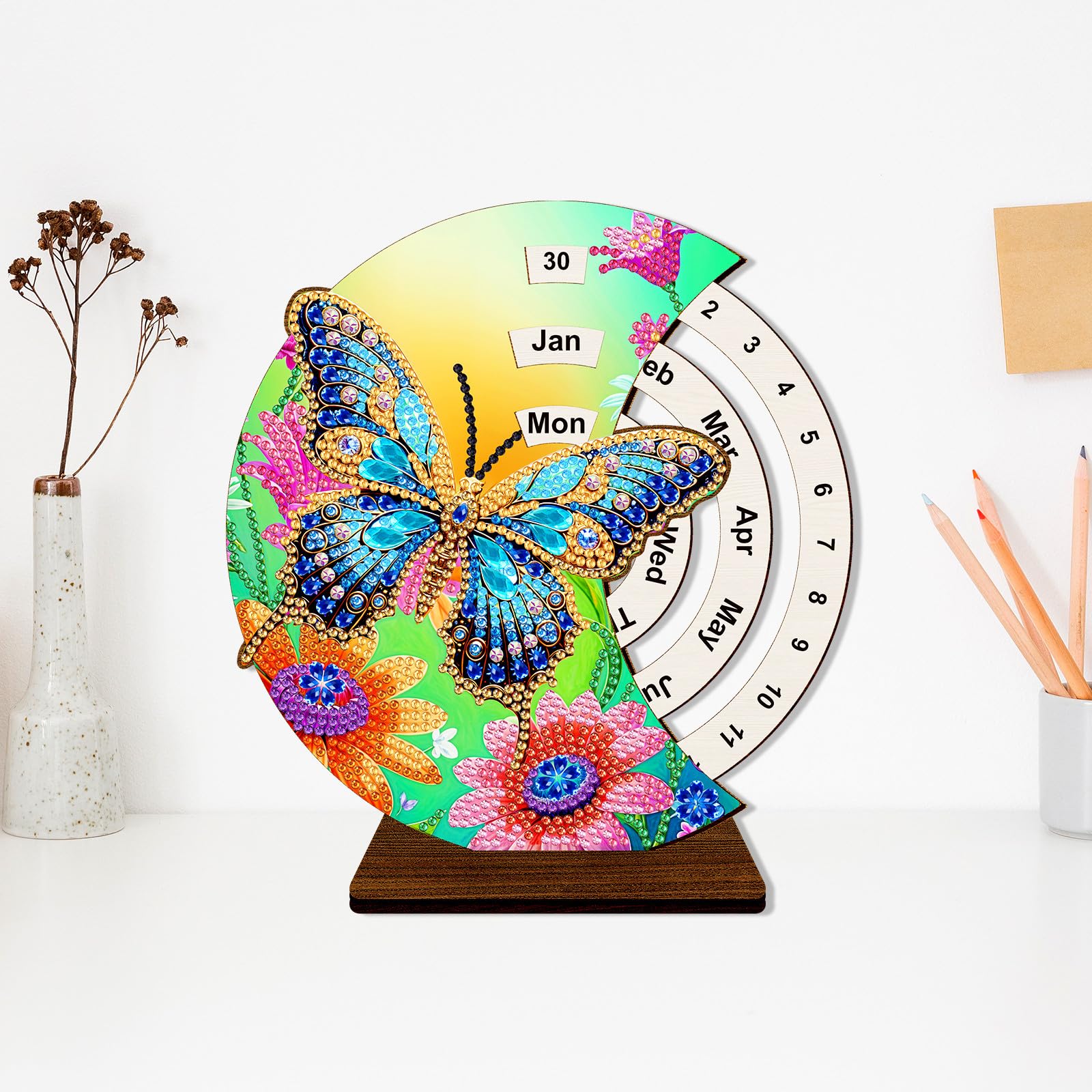 DIY Diamond Art Painting Kalender, 5D Diamant Painting Drehbare Kalenderornamente Aus Holz, Diamant Painting 2025 Tischkalender Tisch Deko Geschenke Kalender Ornamente-3 Stuck-B