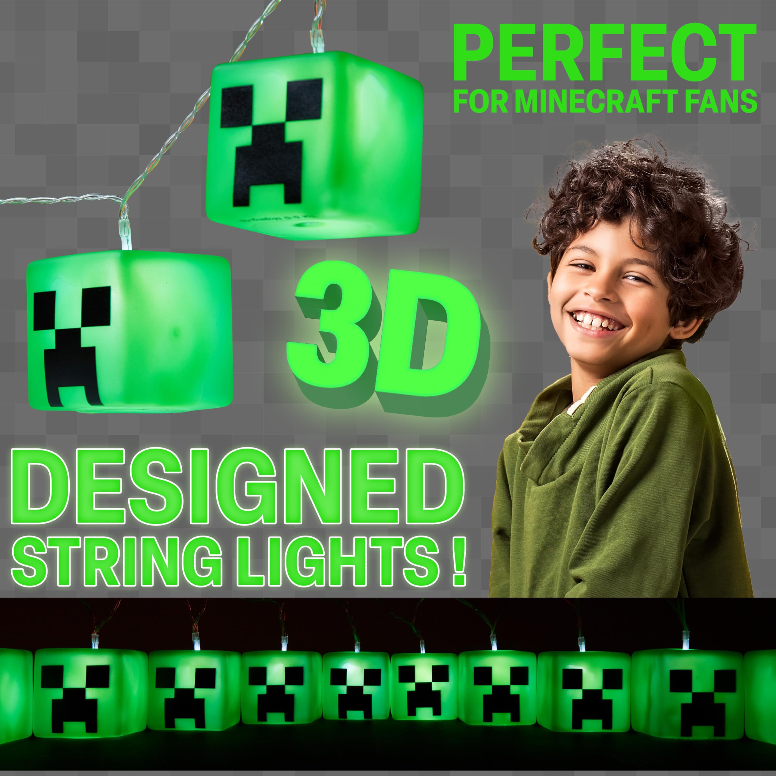 Minecraft Guirlande Lumineuse Creeper LED 165cm Guirlande Lumineuse à Piles Décoration Intérieure Gamer 2 Modes Déco Chambre Idée Cadeau Garçon
