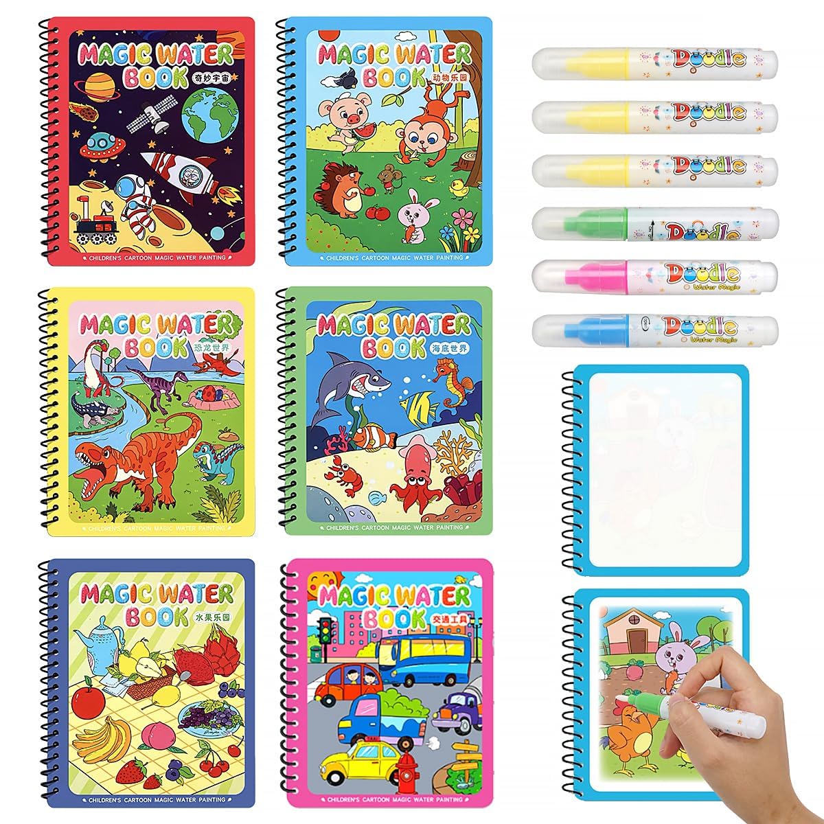 6 Pieces Magic Water Colouring Books, Reusable Water Painting Books, Animal Magic Painting Book