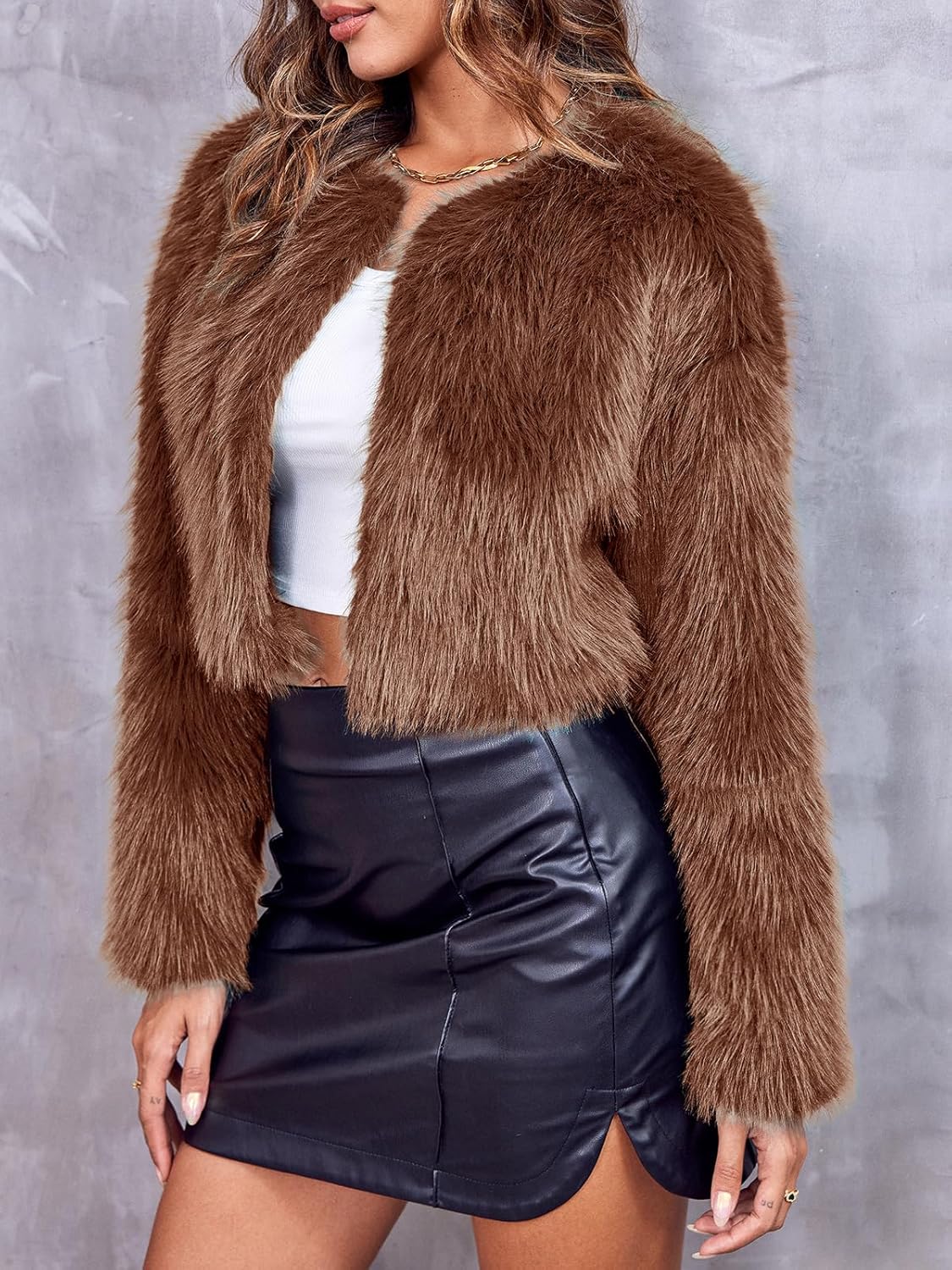 Danedvi Women's Fashion Cropped Faux Fur Jacket Long Sleeve Open Front Cardigan Casual Fluffy Parka Shaggy Short Coat - Image 2