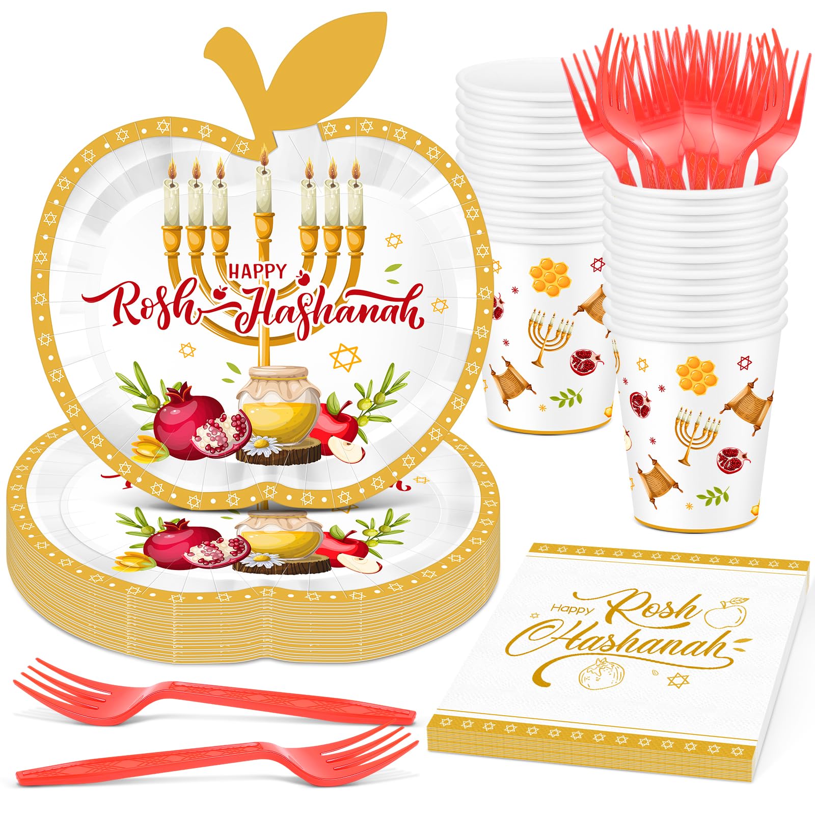 100 Pcs Rosh Hashanah Decorations, Rosh Hashanah Plates and Napkins Party Supplies Jewish New Year Party Tableware Set with Shana Tova Plates Paper Cups Forks Napkins for Serves 25