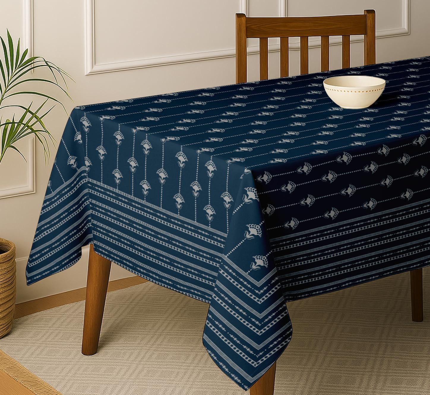 Block Design Tablecloth - Blue 60x60 Inch Cotton Twill Dining Table Cover, Perfect for 4 Seater Tables, Durable, Protective & Washable, Ideal for Everyday Use, Festive Occasions & Gatherings