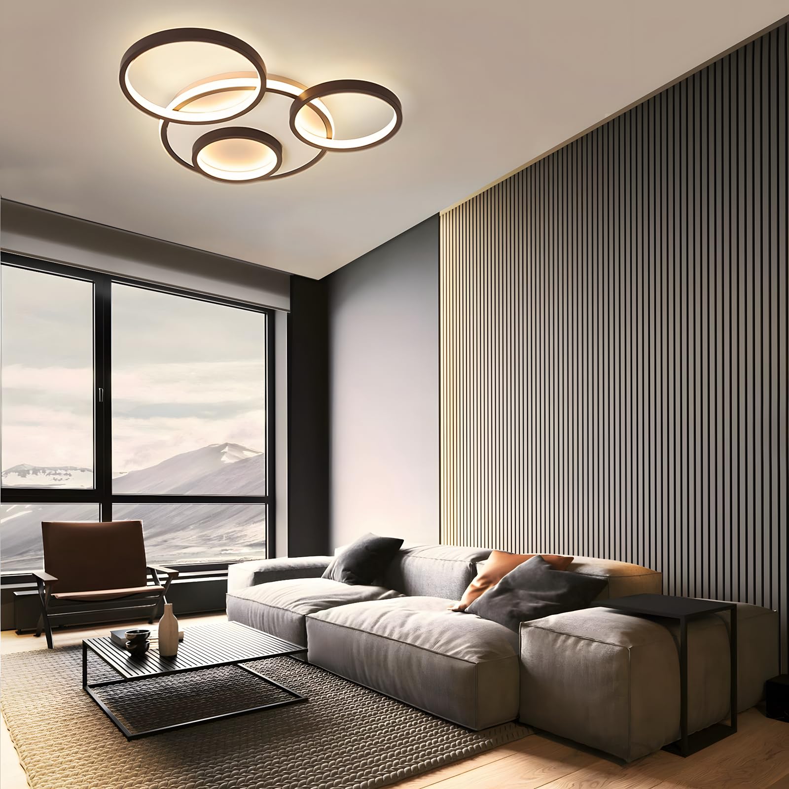 Nowoczesna LED Lampa Sufitowa, Ø53cm Czarna Lampa Multi Circle, 42W Płynną Regulacją Ściemniania 3000-6000K, Okrągły Metalowy Żyrandol + Akrylowy Żyrandol, Sypialnia Salon (4 Pierścienie)