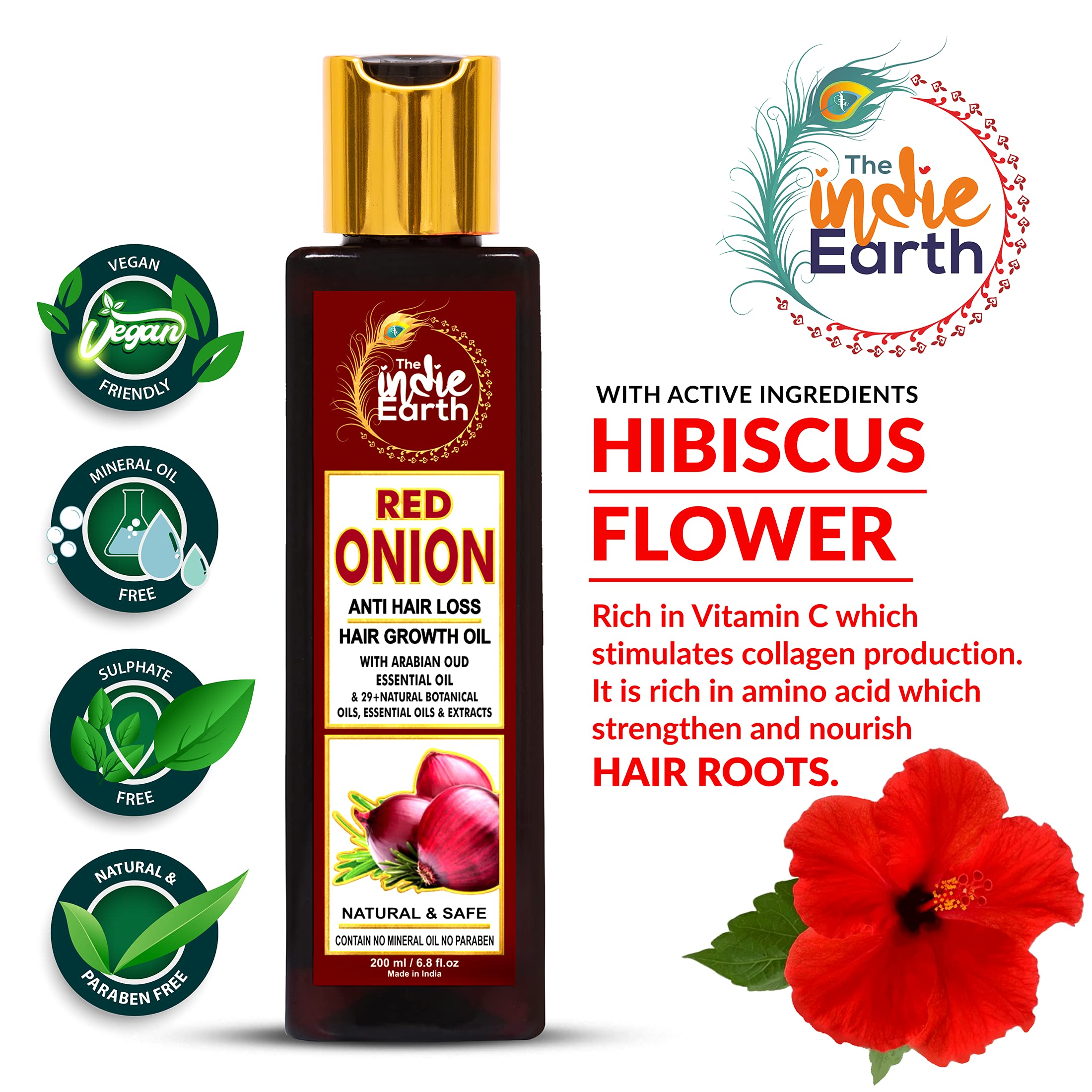 THE INDIE EARTH RED ONION ANTI HAIR LOSS & HAIR GROWTH OIL WITH PURE ARGAN, JOJOBA, ROSEMARY