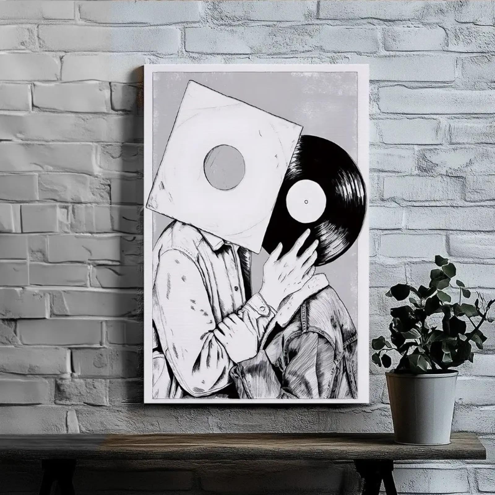 CAOXTART Czarno-biała płyta winylowa ludzie nadruk malarstwo, nowoczesny styl płótno sztuka ścienna, plakaty z motywem miłości, wystrój biura domowego 70 x 100 cm rama