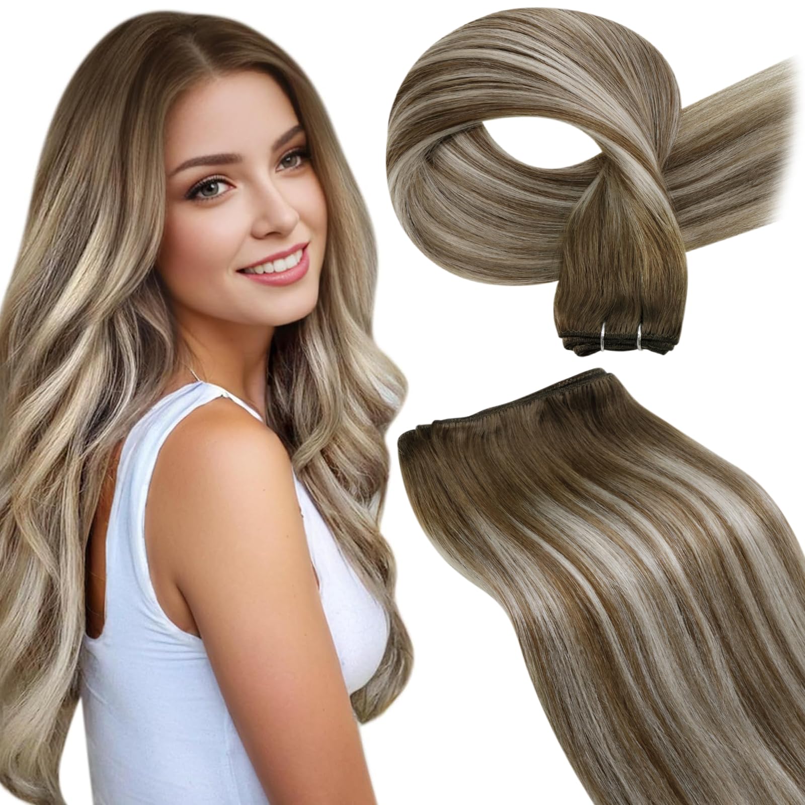 LaaVoo Weft Hair Extensions Real Human Hair 100g 18 Inch Blonde Sew in Hair Extensions Full Head Straight Balayage Brown Remy Invisible Double Weft Weave #8/60/8