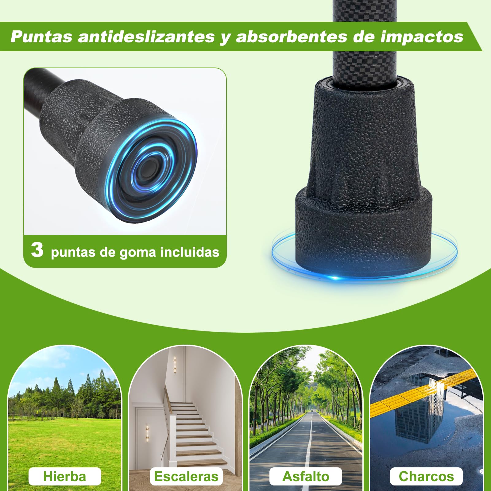 Bastón de Carbono Ligero con Bolsa de Transporte, Punta de Goma Antideslizante y Absorbente de Impactos (2 Puntas de Repuesto Incluidas), Plegable y Ajustable en Altura