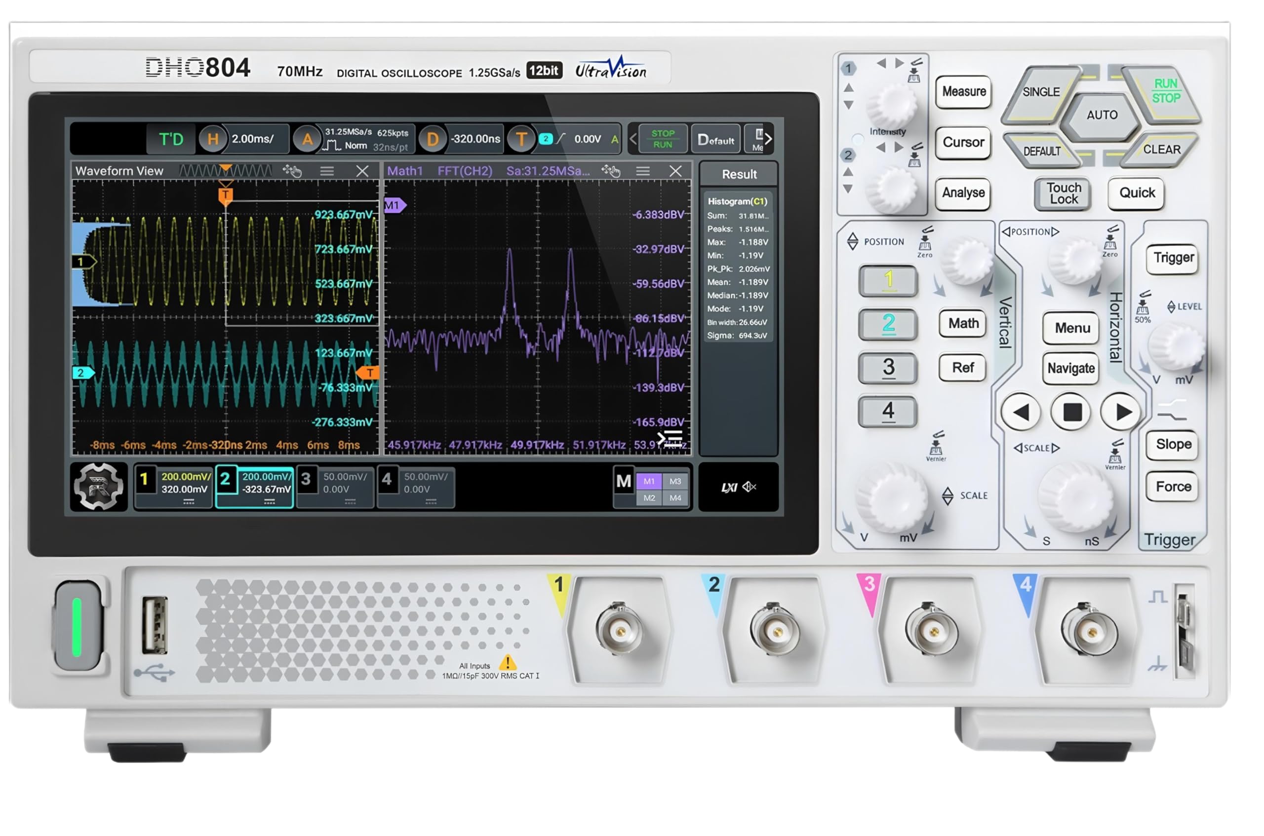 Oscilloscopio a 4 canali con larghezza di banda 70 MHz, frequenza di campionamento 1.25 GSa/s, convertitore A/D a 12 bit, profondità di memoria 25 Mpts e display touch da 17 (DHO804)