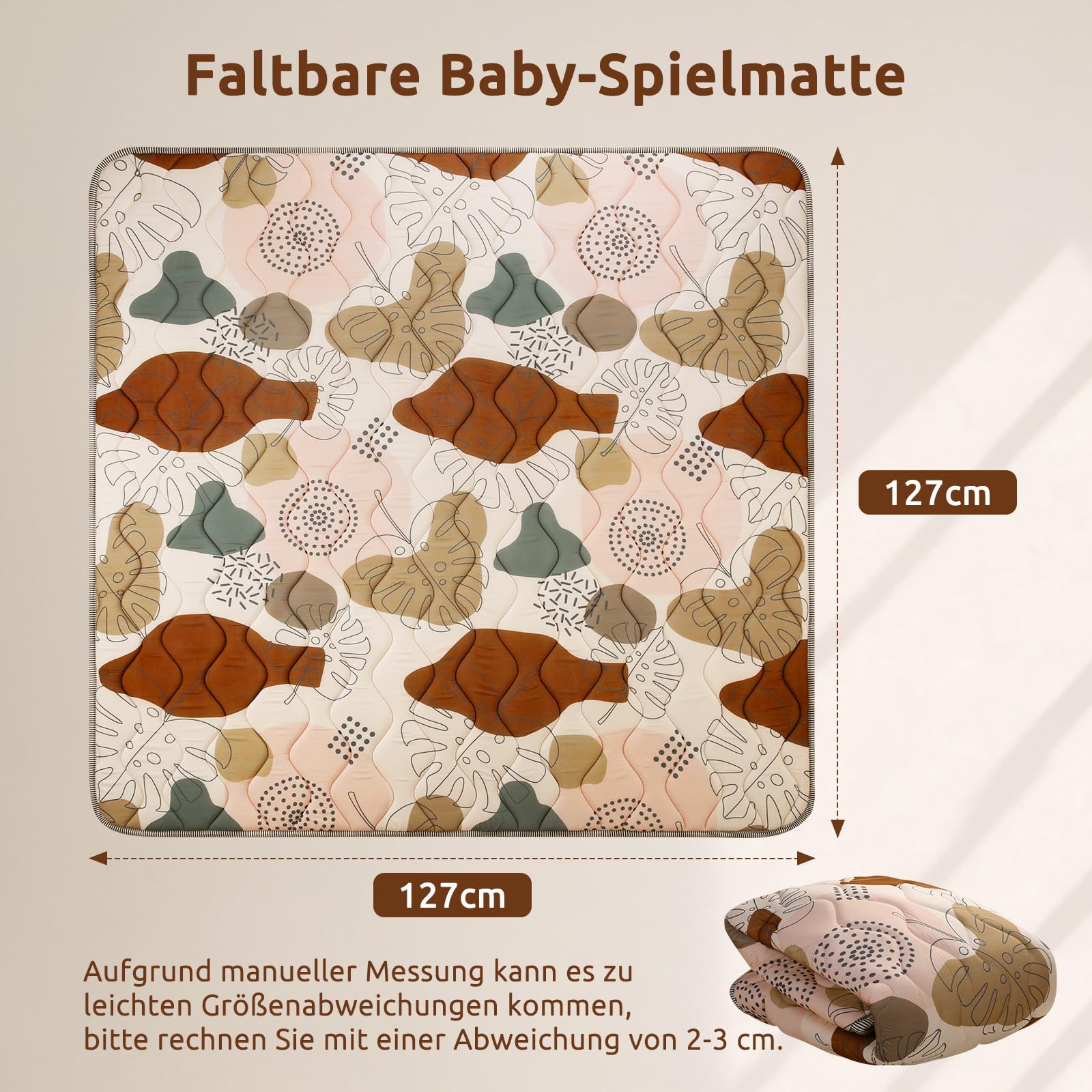 Baby Spielmatte 127x127cm Krabbelmatte, Dicke Weiche Polsterschaum Krabbeldecke für Babys und Kleinkinder, Anti Rutsch Matte Faltbare & Maschinenwaschbare Baby Spieldecke für Laufgitter, Boho
