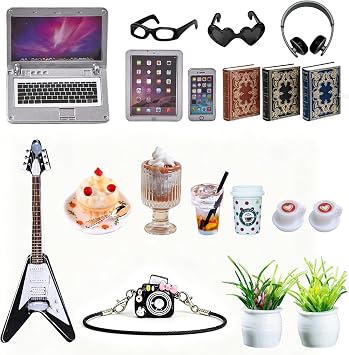 21 Pcs Dollhouse Accessories Miniature Laptop Phone Tiny Miniature Things, Doll House Furniture Decor Living Room Camera Guitar Instrument for Dollhouse Simulation Accessories 1/12 1/6 Sliver
